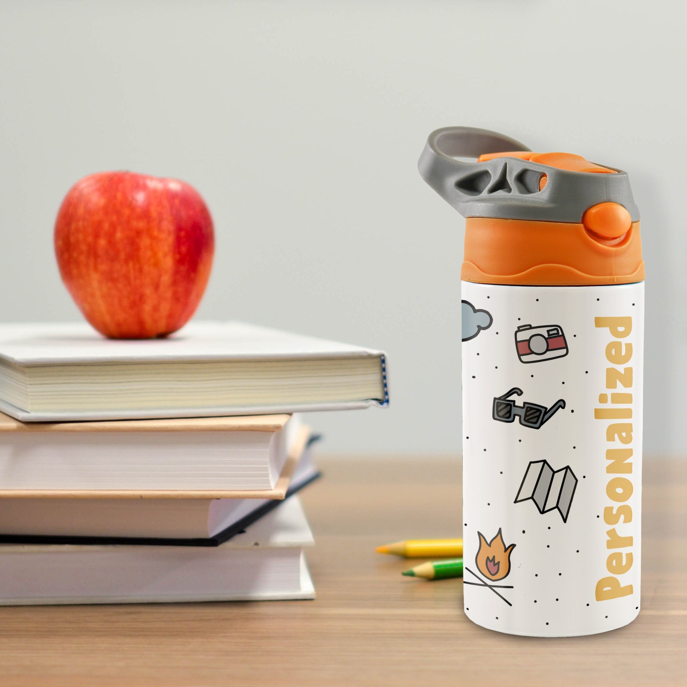 Trend Setters Original (Camping - Personalize with Name) 12 oz Stainless Steel Water Bottle with Orange and Grey Lid