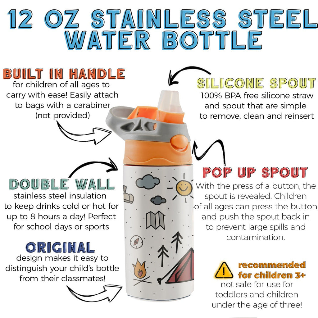 Trend Setters Original (Camping - Personalize with Name) 12 oz Stainless Steel Water Bottle with Orange and Grey Lid