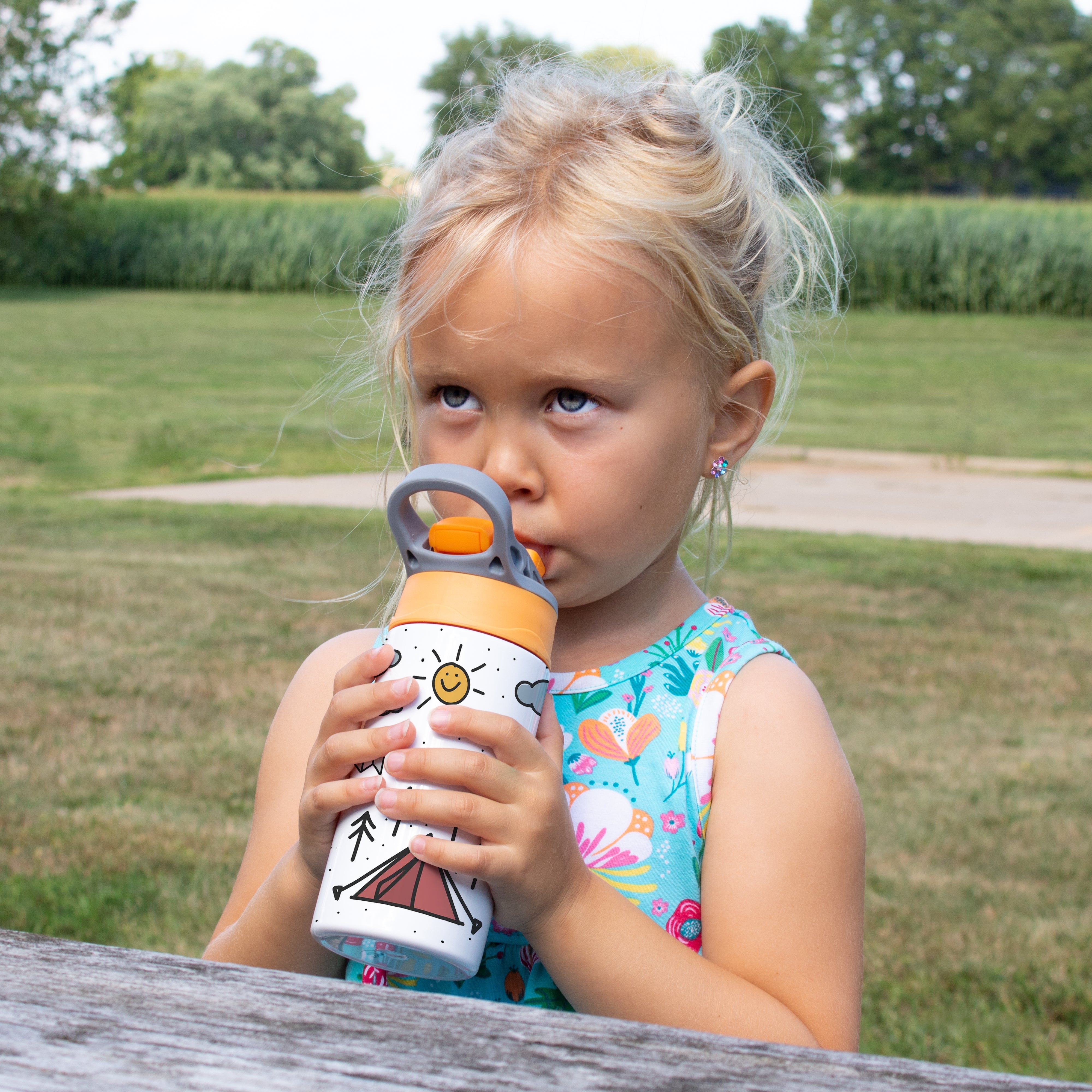 Trend Setters Original (Camping - Personalize with Name) 12 oz Stainless Steel Water Bottle with Orange and Grey Lid