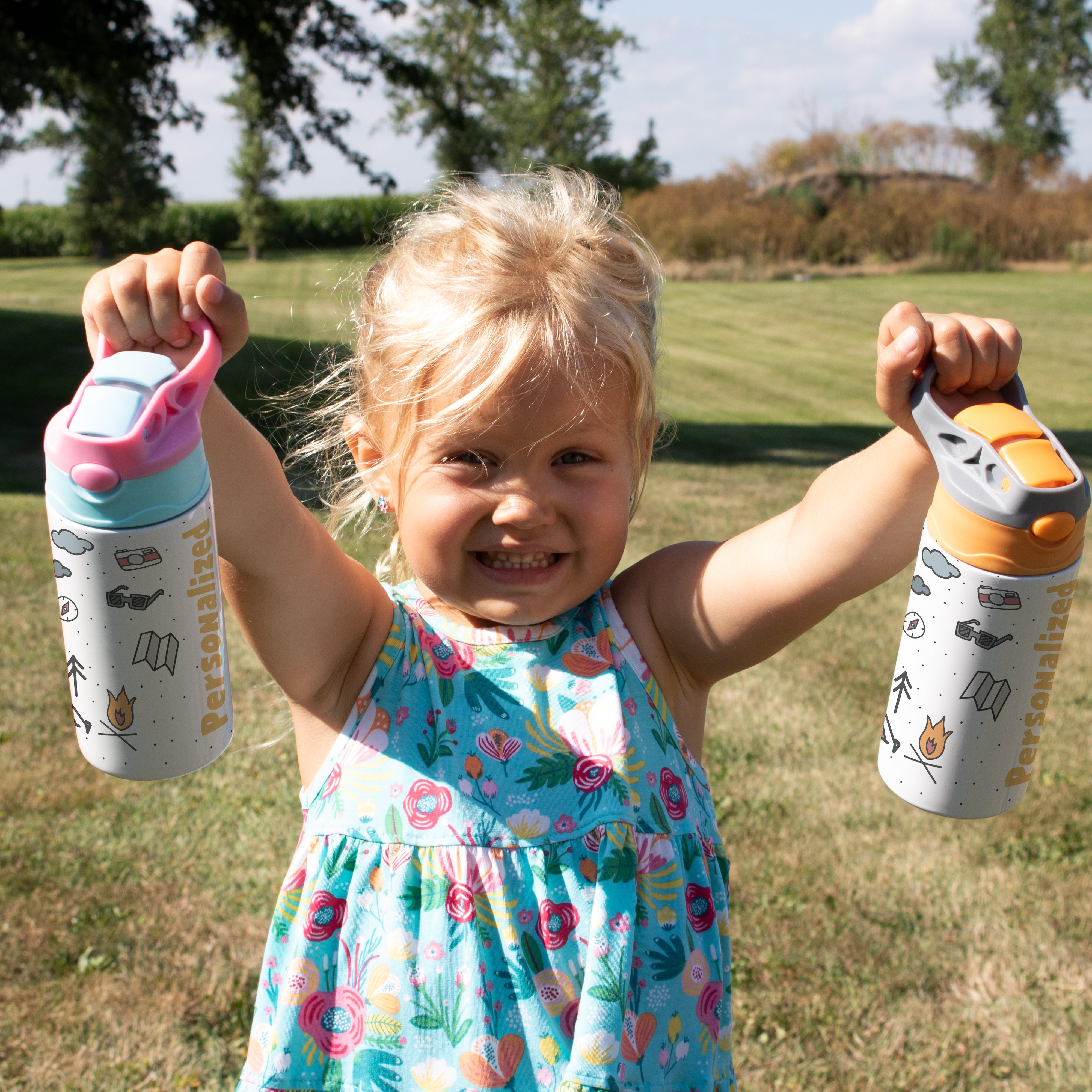 Trend Setters Original (Camping - Personalize with Name) 12 oz Stainless Steel Water Bottle with Orange and Grey Lid