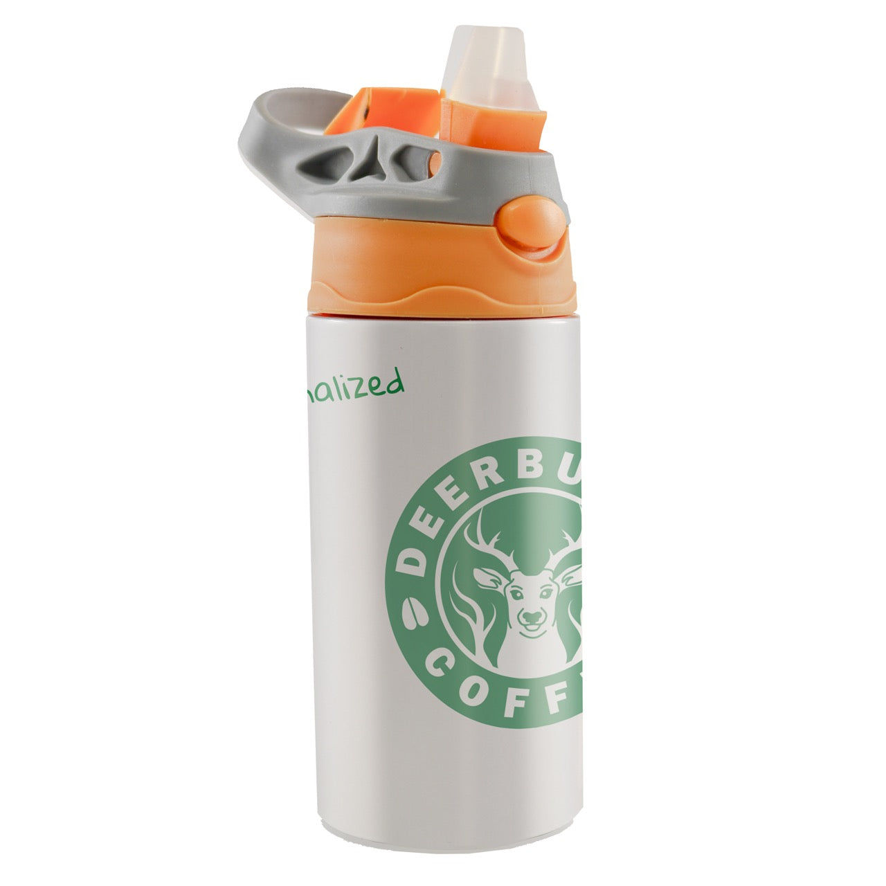 Kids Collection (Deerbucks Coffee - Personalized) 12 oz Stainless Steel Water Bottle with with Orange and Grey Lid
