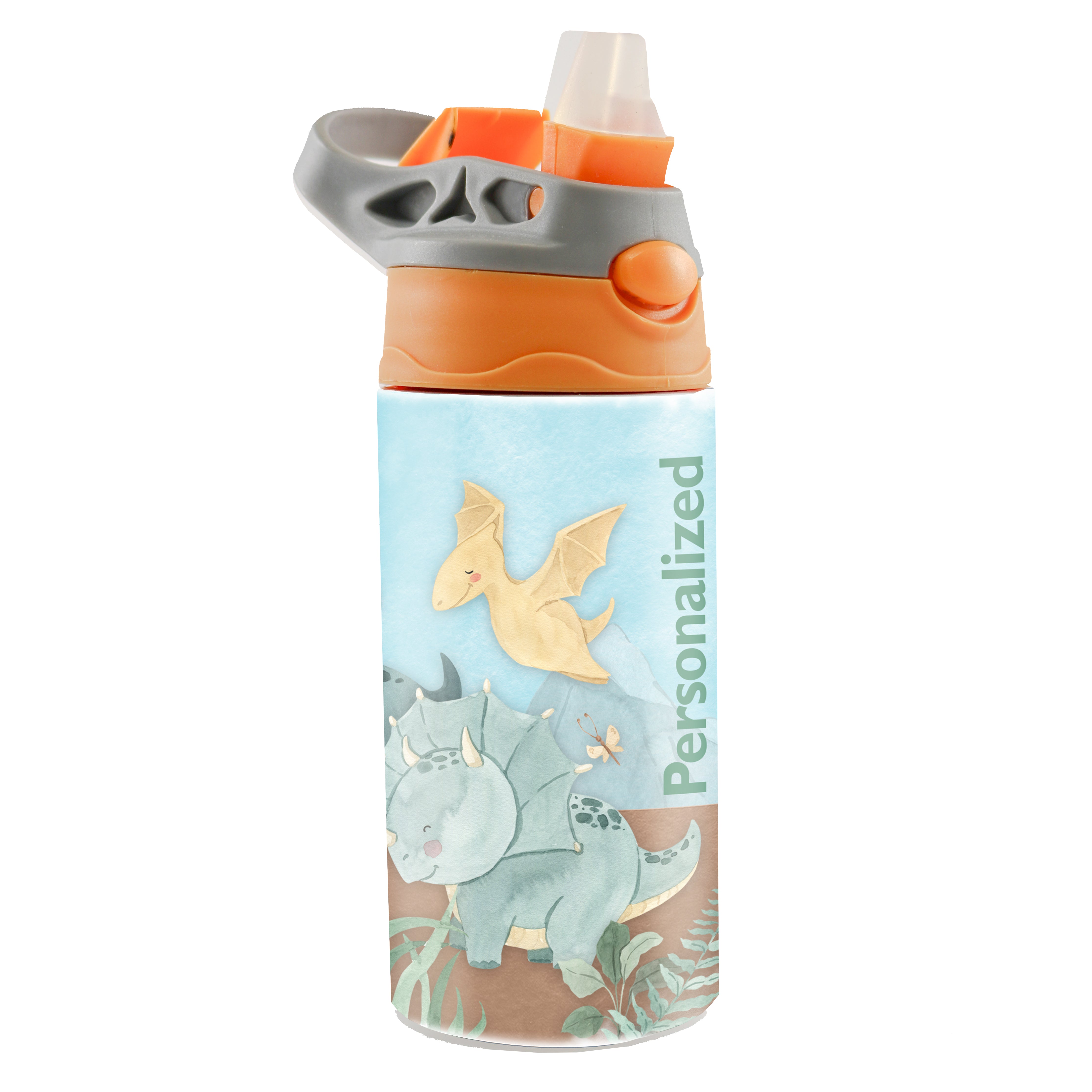 Trend Setters Original (Dinosaurs - Personalize with Name) 12 oz Stainless Steel Water Bottle with Orange and Grey Lid