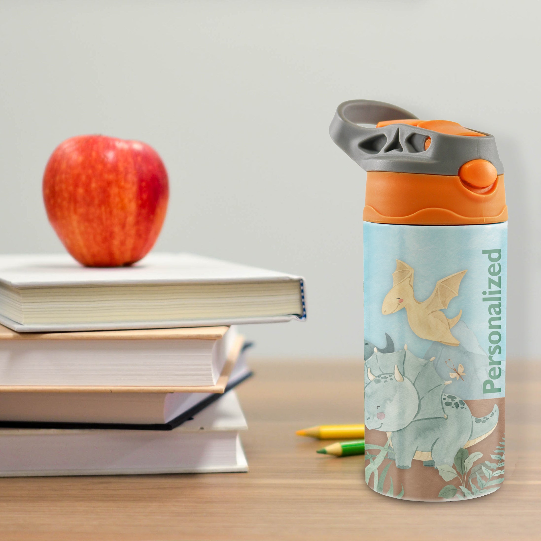 Trend Setters Original (Dinosaurs - Personalize with Name) 12 oz Stainless Steel Water Bottle with Orange and Grey Lid