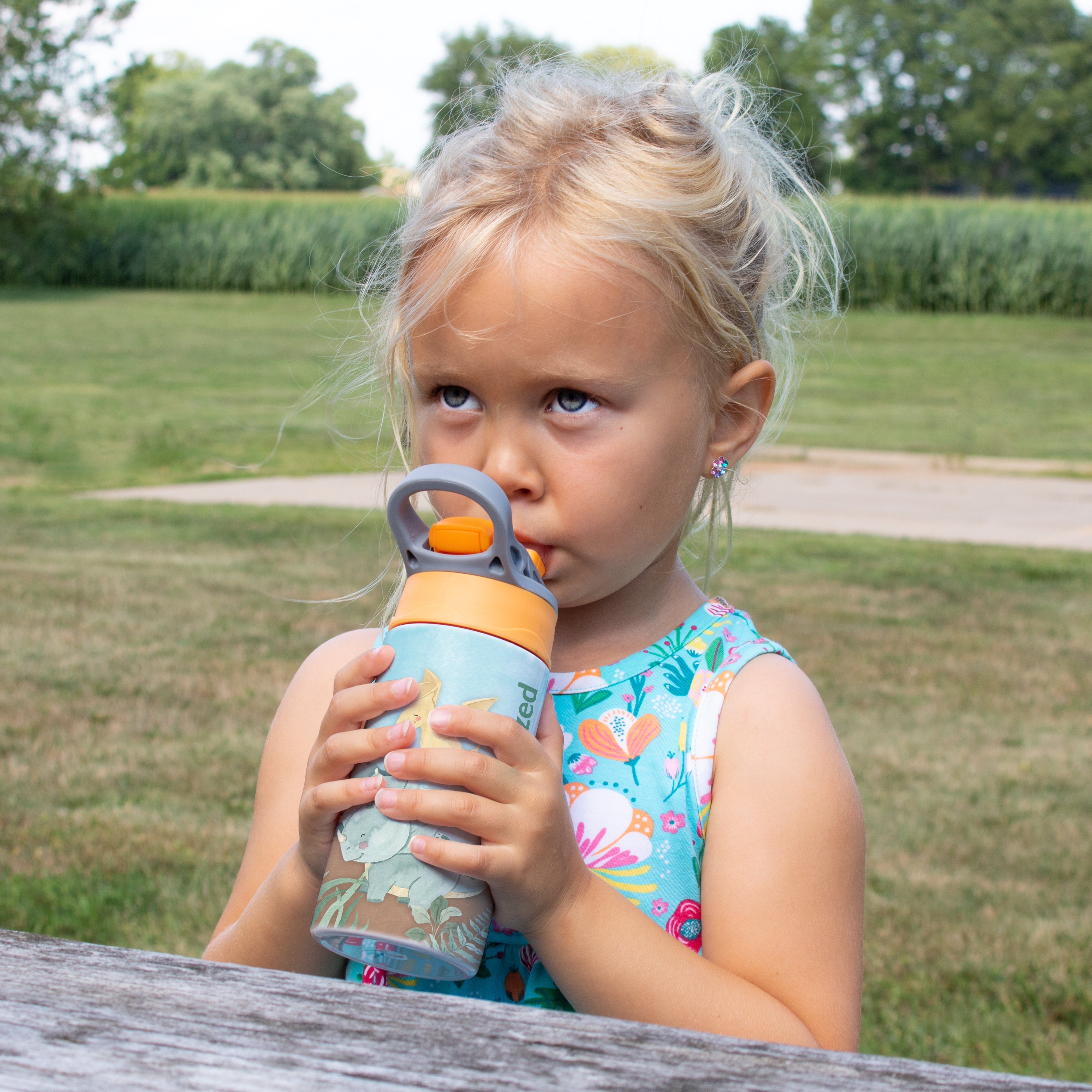 Trend Setters Original (Dinosaurs - Personalize with Name) 12 oz Stainless Steel Water Bottle with Orange and Grey Lid