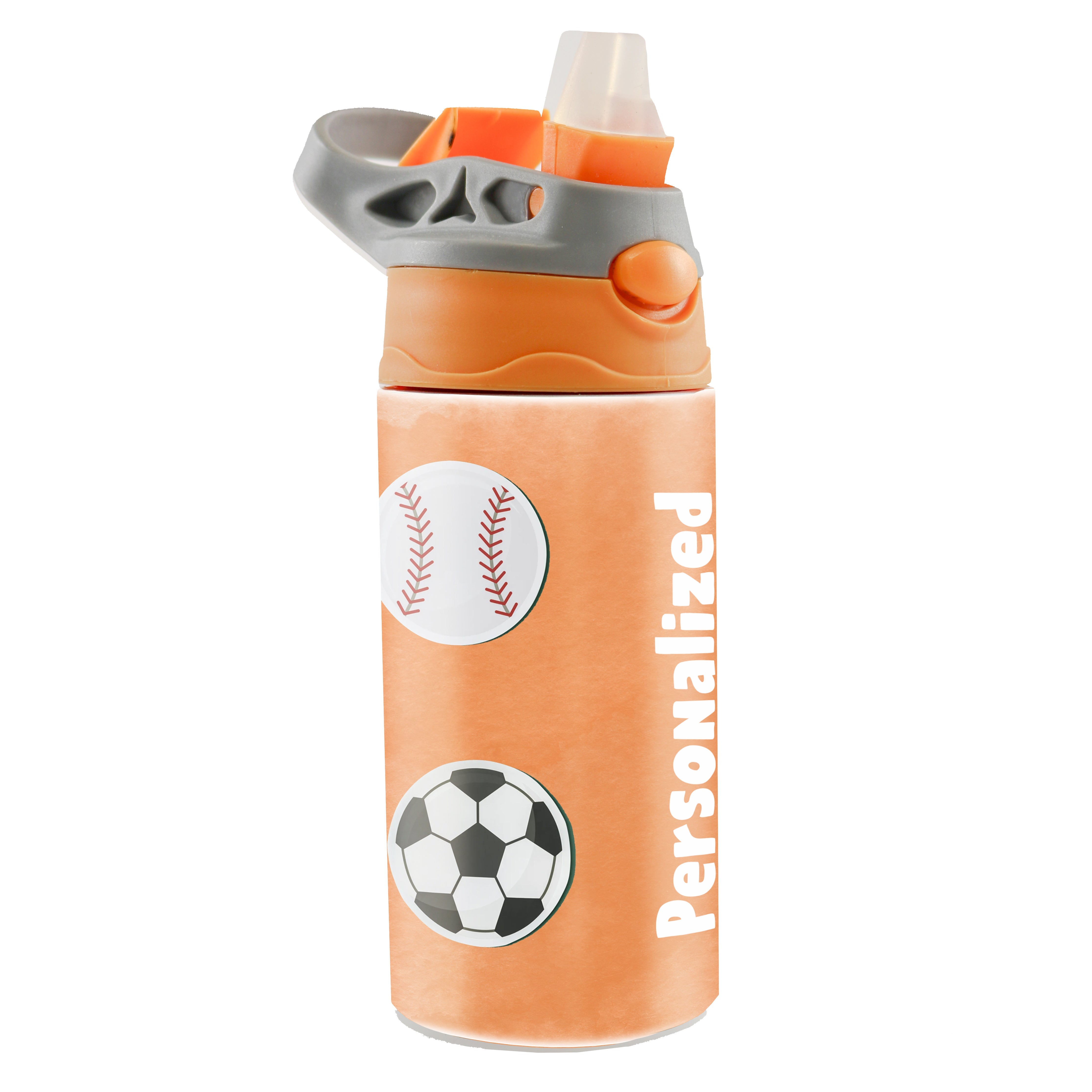 Sports Collection (Stickers - Personalize with Name) 12 oz Stainless Steel Water Bottle with Orange and Grey Lid