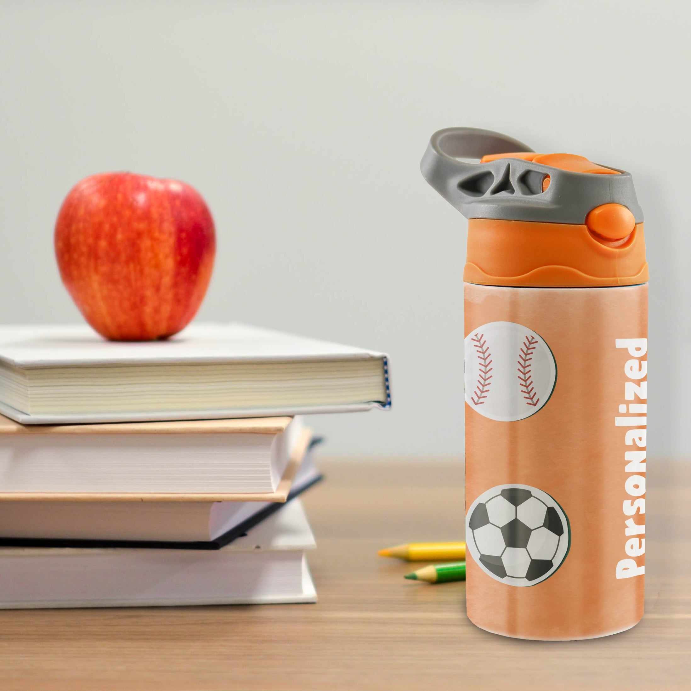 Sports Collection (Stickers - Personalize with Name) 12 oz Stainless Steel Water Bottle with Orange and Grey Lid