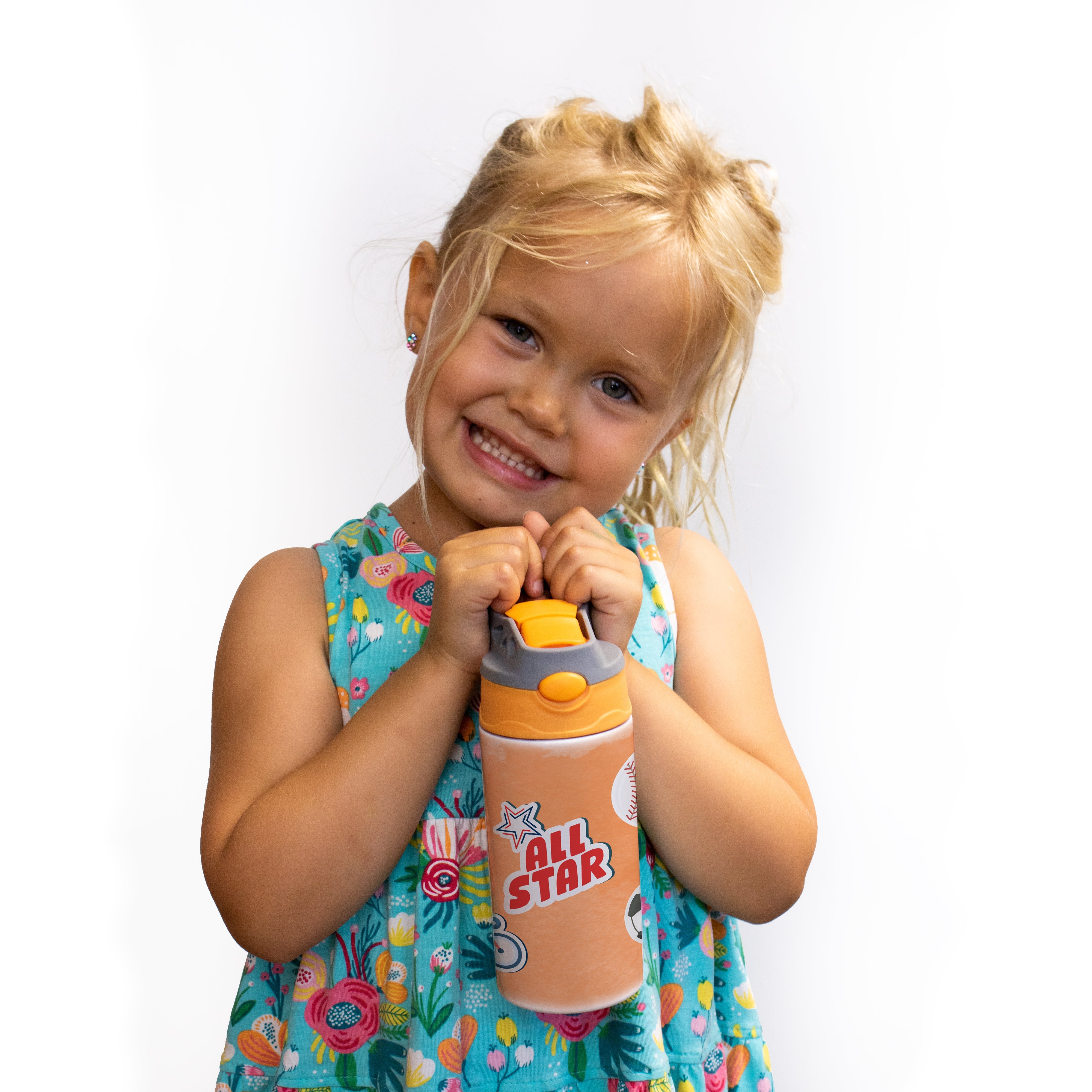 Sports Collection (Stickers - Personalize with Name) 12 oz Stainless Steel Water Bottle with Orange and Grey Lid