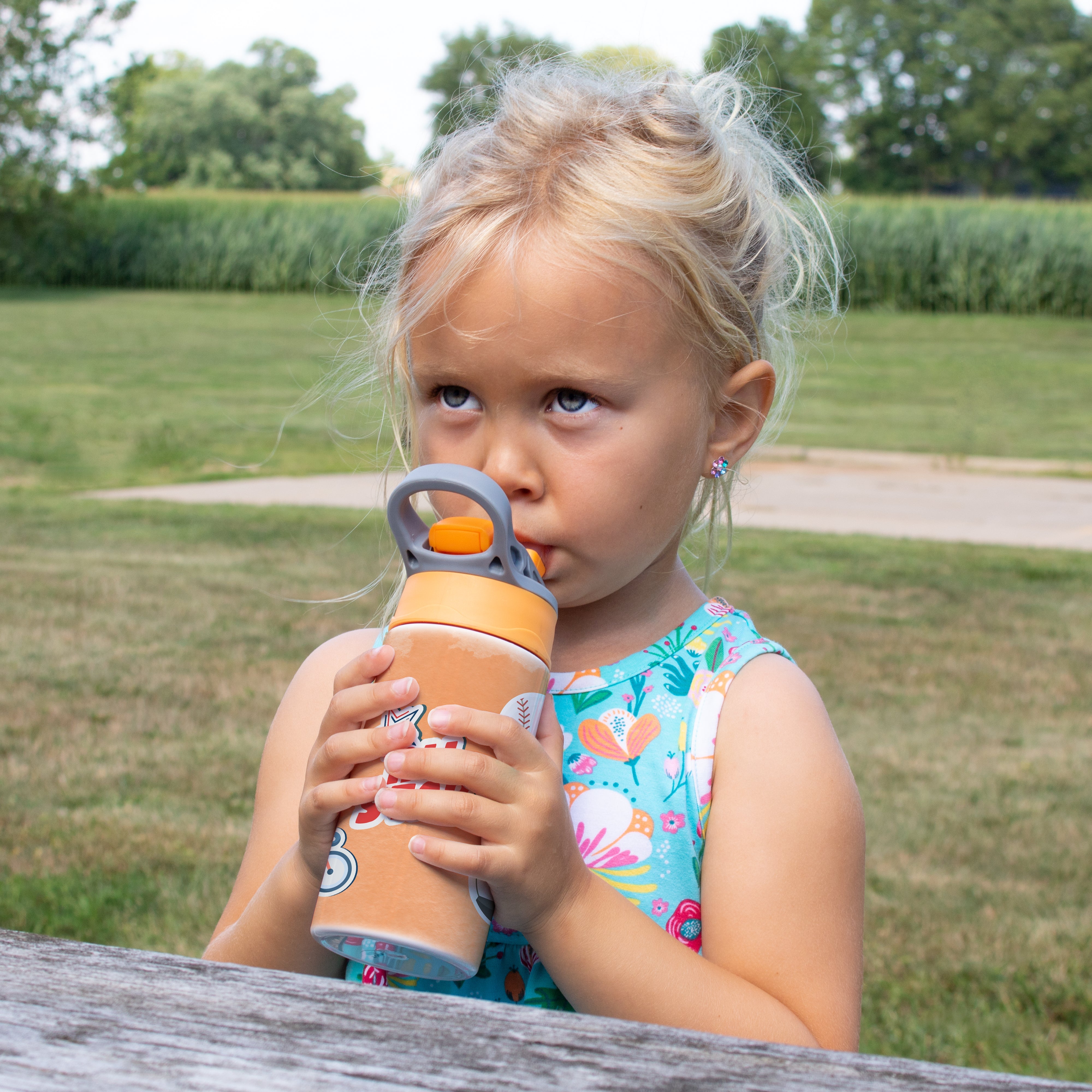 Sports Collection (Stickers - Personalize with Name) 12 oz Stainless Steel Water Bottle with Orange and Grey Lid