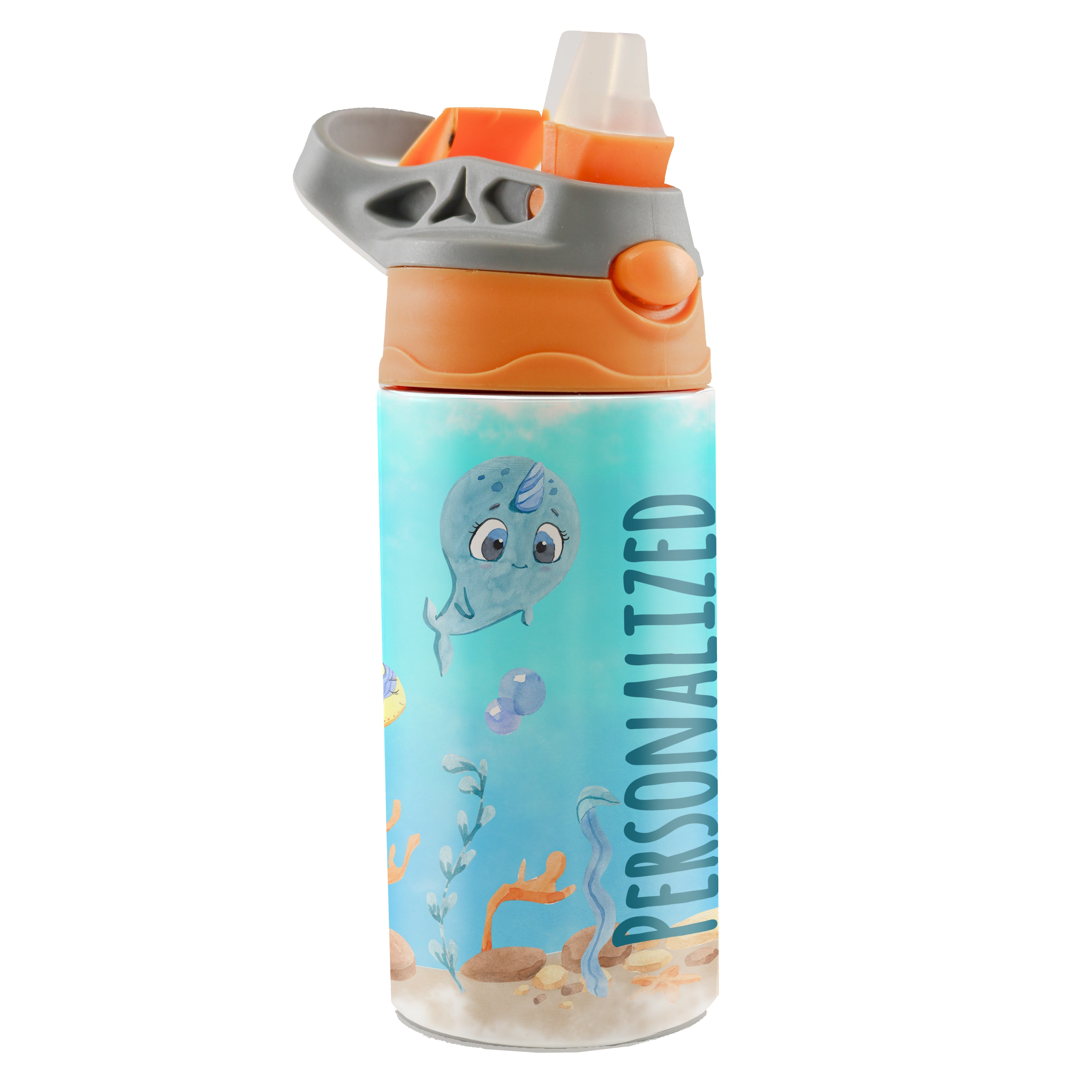 Trend Setters Original (Sea Life - Personalize with Name) 12 oz Stainless Steel Water Bottle with Orange and Grey Lid