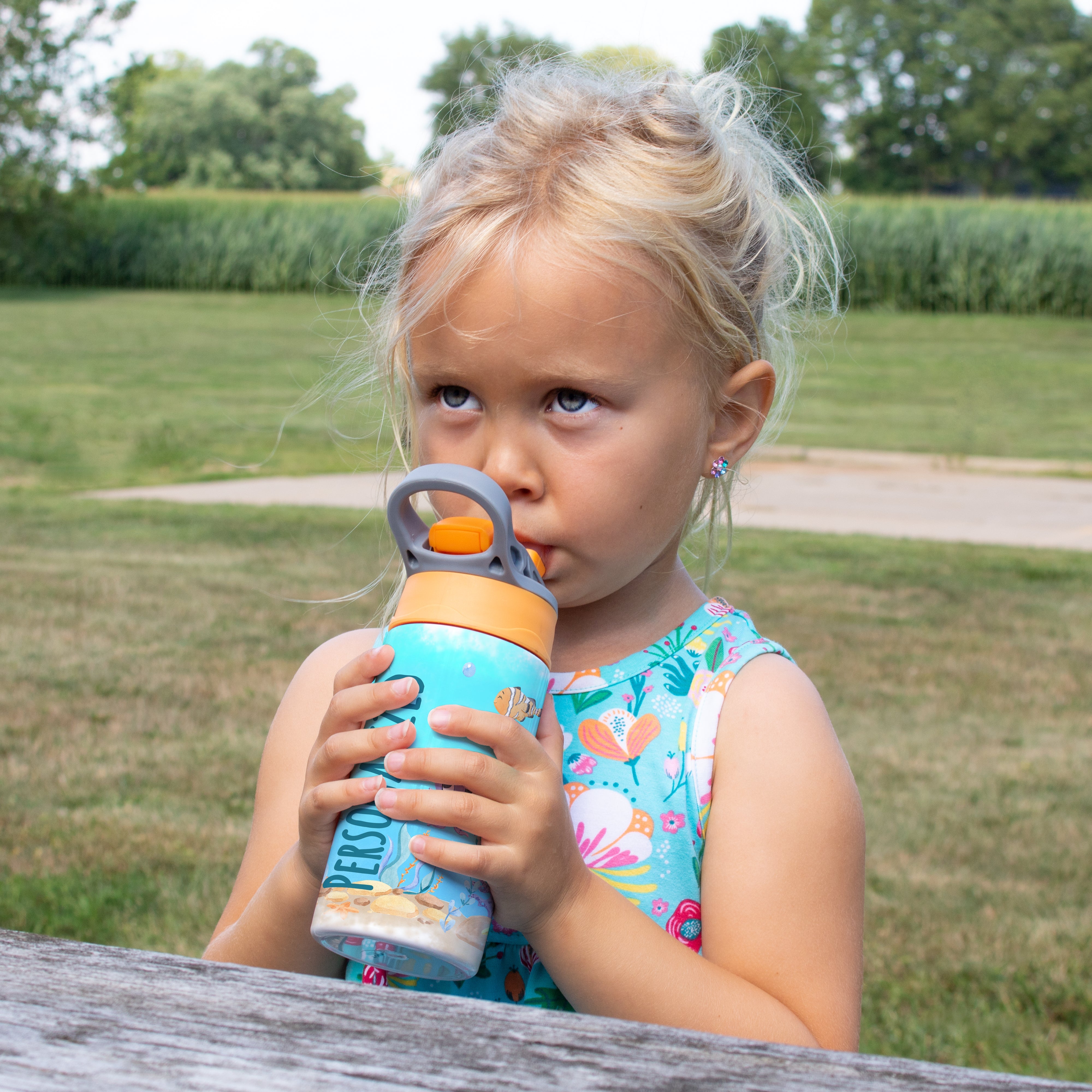 Trend Setters Original (Sea Life - Personalize with Name) 12 oz Stainless Steel Water Bottle with Orange and Grey Lid