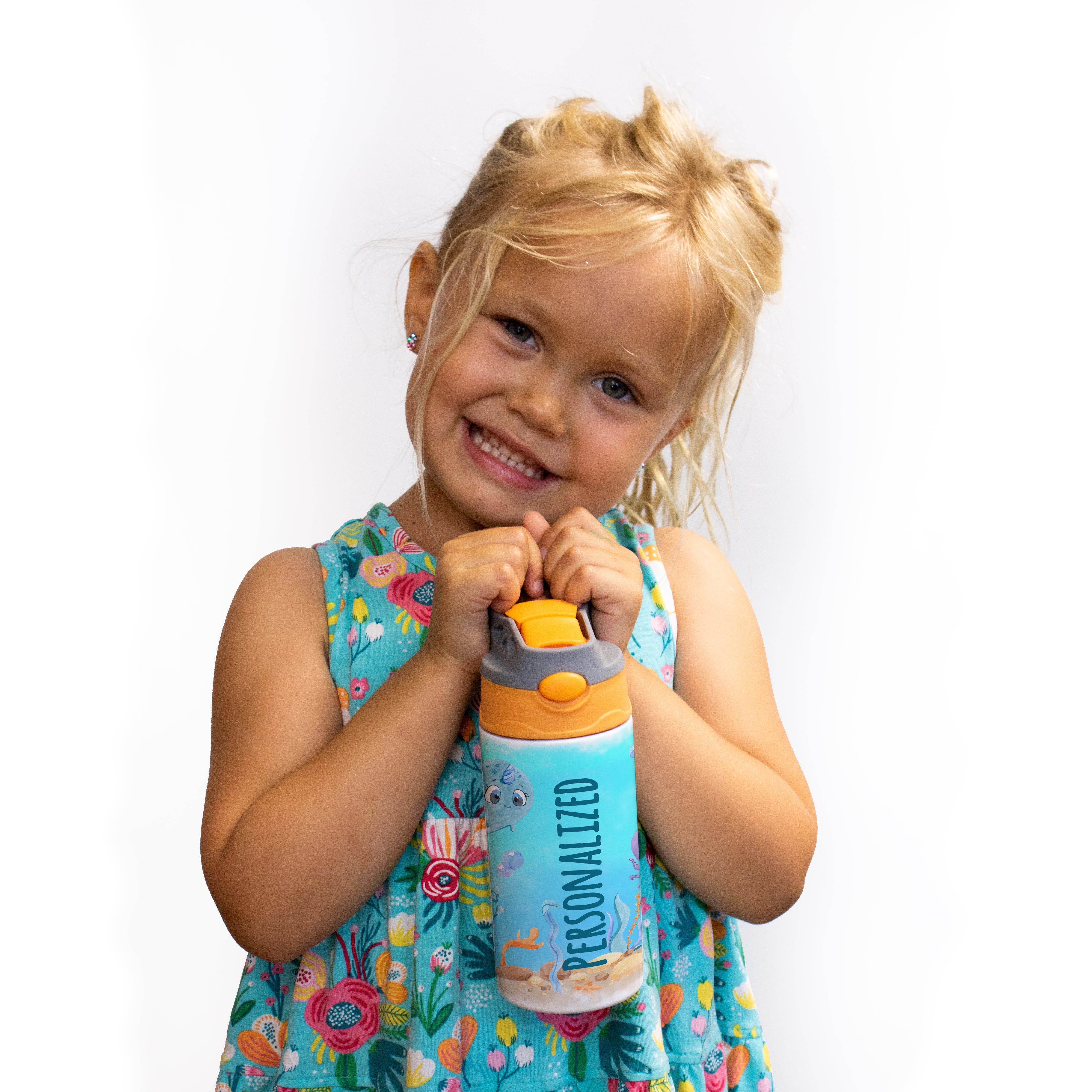 Trend Setters Original (Sea Life - Personalize with Name) 12 oz Stainless Steel Water Bottle with Orange and Grey Lid