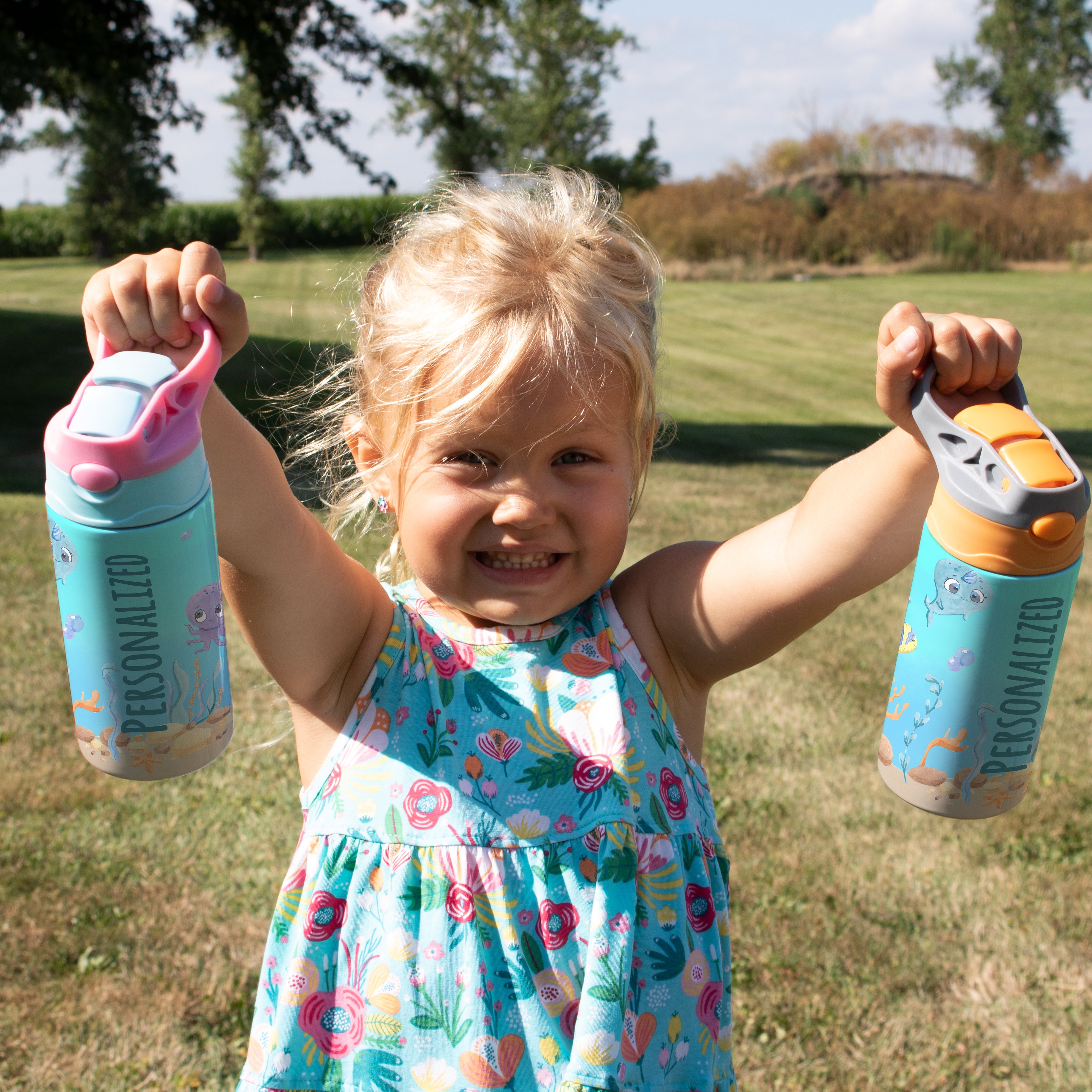 Trend Setters Original (Sea Life - Personalize with Name) 12 oz Stainless Steel Water Bottle with Orange and Grey Lid