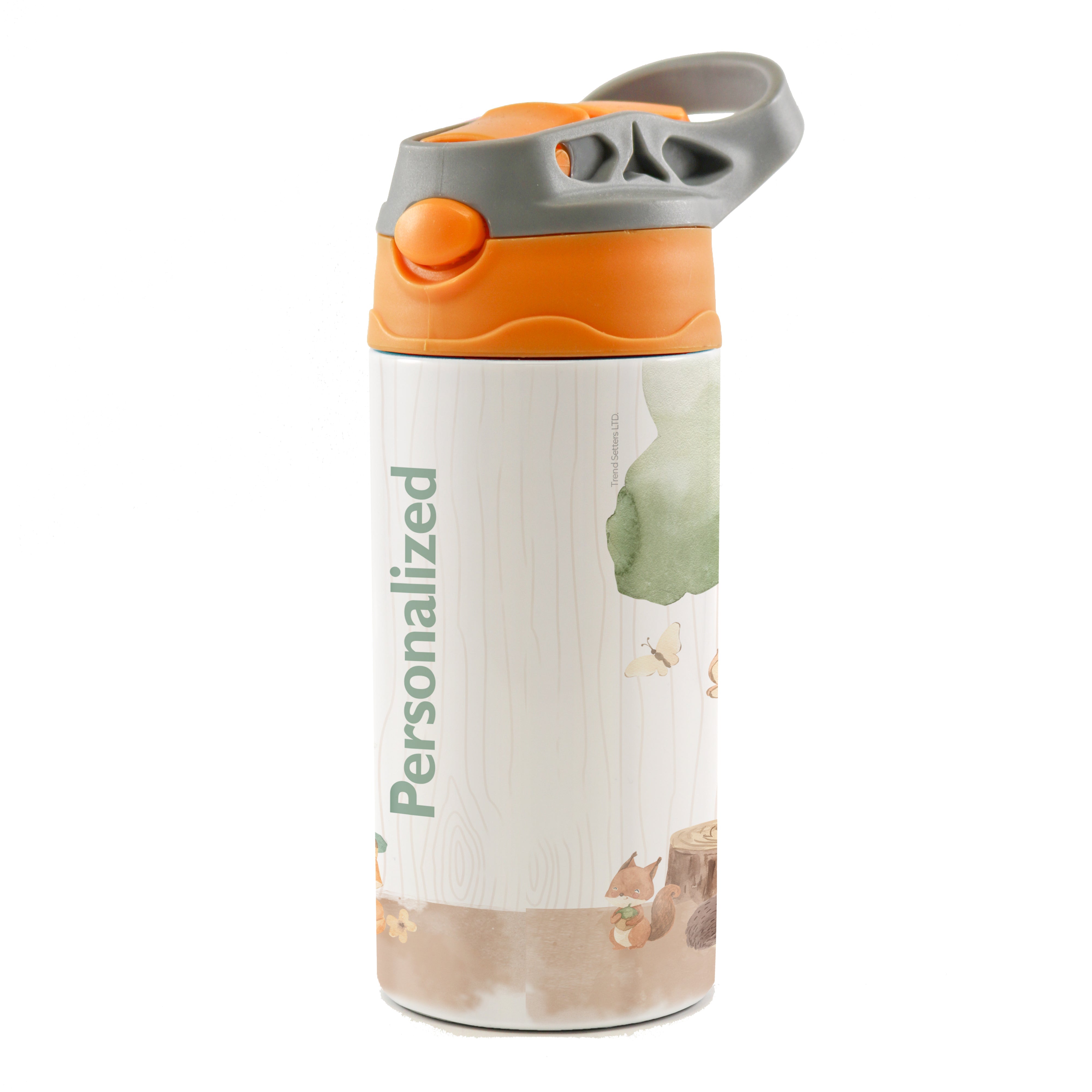 Trend Setters Original (Woodland Baby Animals - Personalize with Name) 12 oz Stainless Steel Water Bottle with Orange and Grey Lid