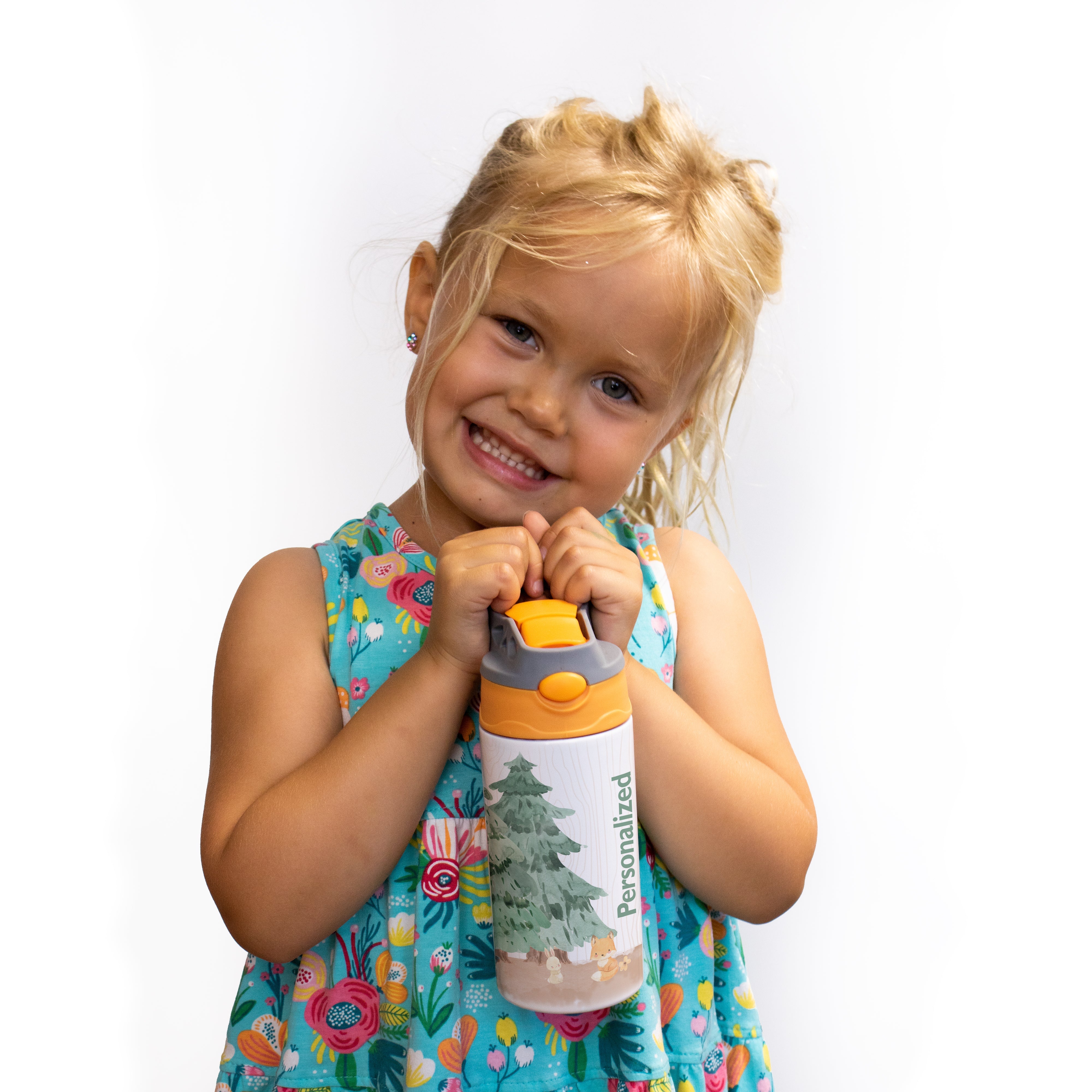 Trend Setters Original (Woodland Baby Animals - Personalize with Name) 12 oz Stainless Steel Water Bottle with Orange and Grey Lid