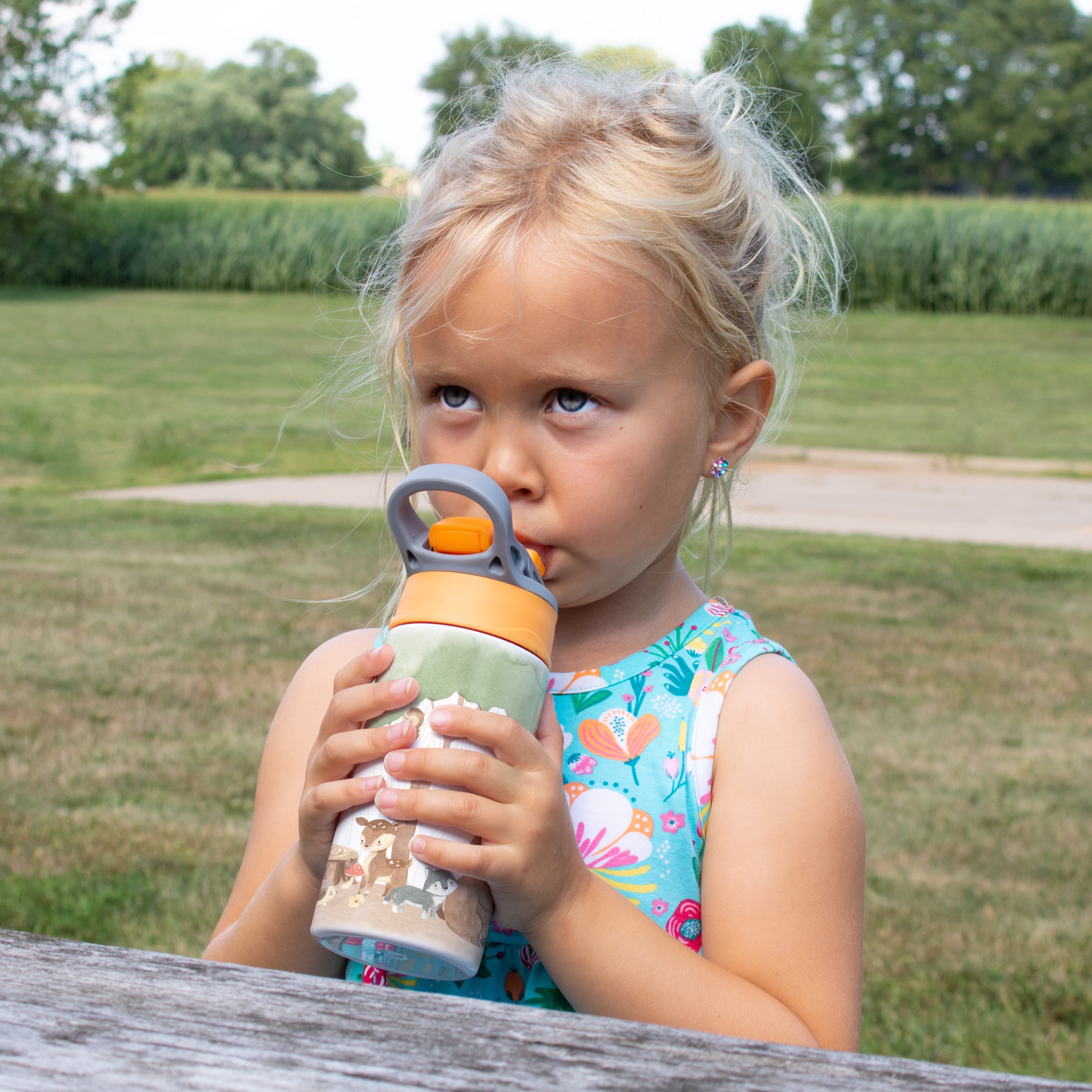 Trend Setters Original (Woodland Baby Animals - Personalize with Name) 12 oz Stainless Steel Water Bottle with Orange and Grey Lid