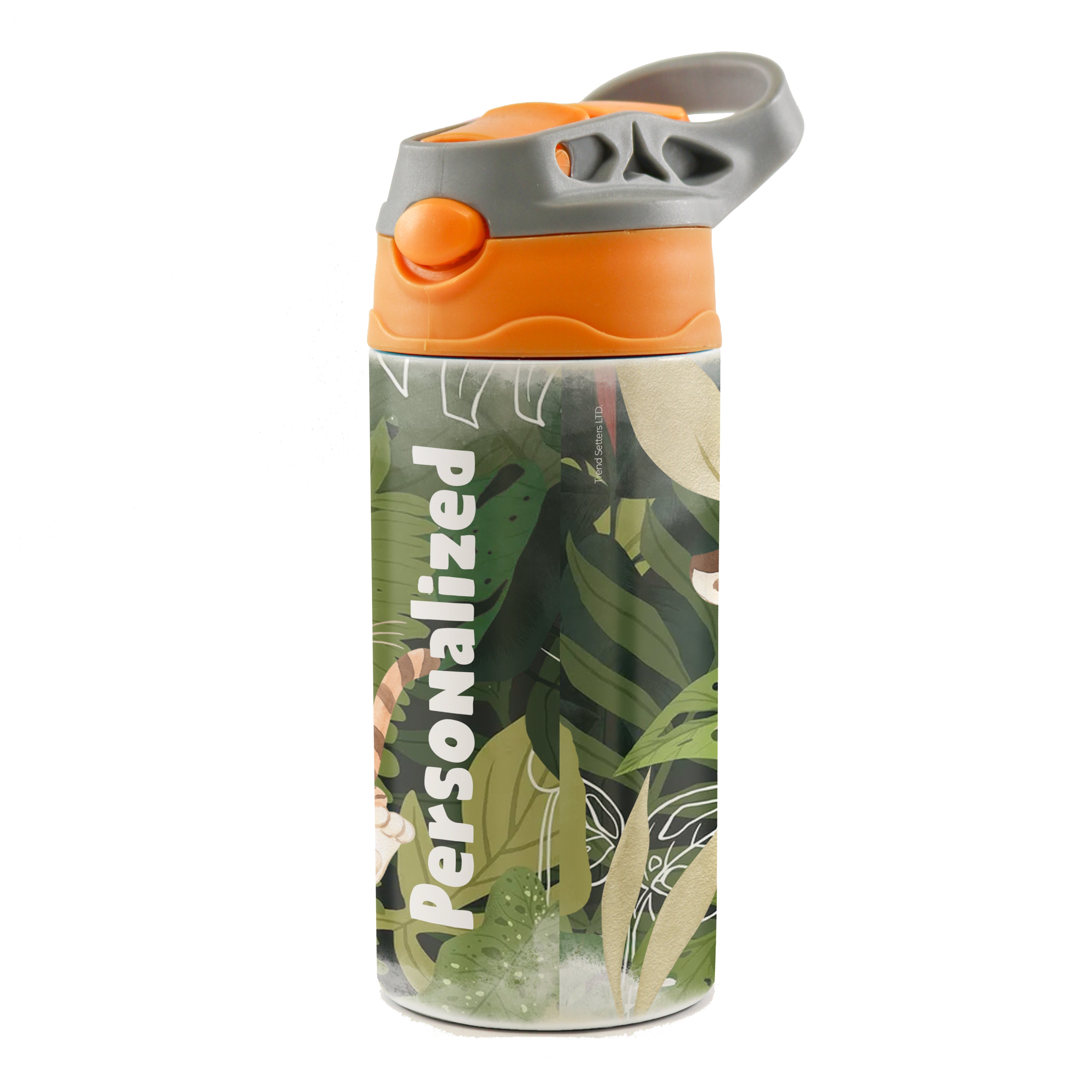 Trend Setters Original (Tiger Jungle - Personalize with Name) 12 oz Stainless Steel Water Bottle with Orange and Grey Lid