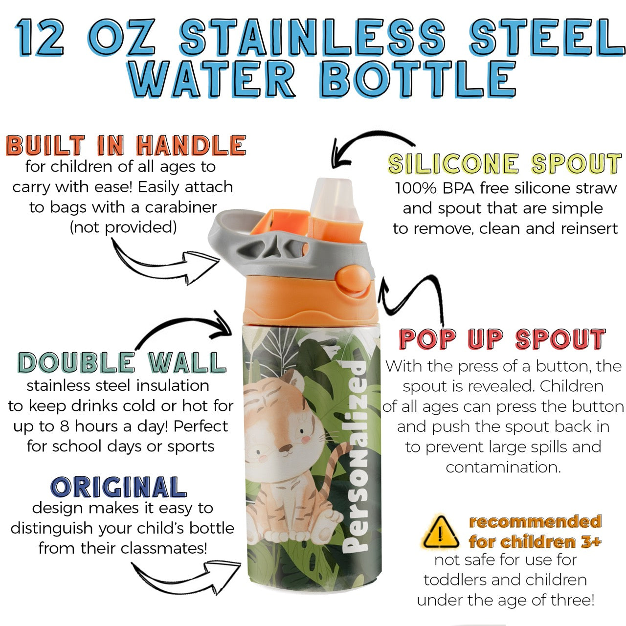 Trend Setters Original (Tiger Jungle - Personalize with Name) 12 oz Stainless Steel Water Bottle with Orange and Grey Lid