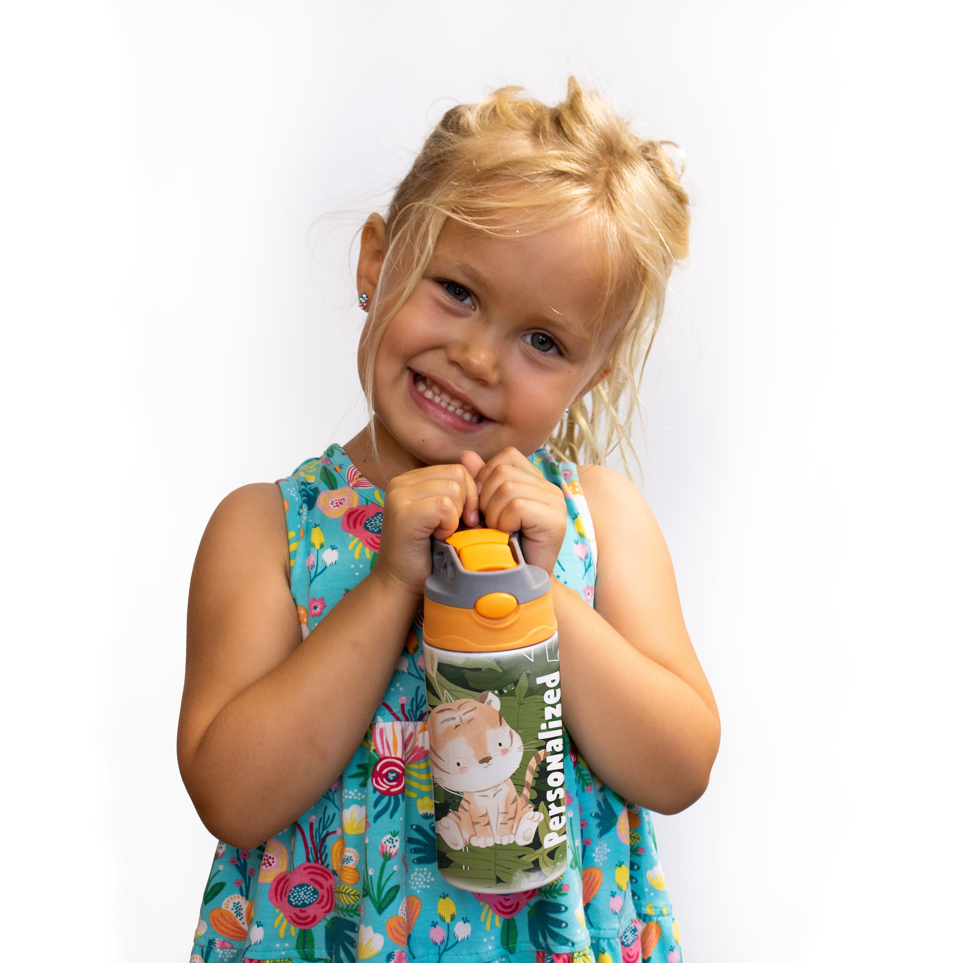 Trend Setters Original (Tiger Jungle - Personalize with Name) 12 oz Stainless Steel Water Bottle with Orange and Grey Lid