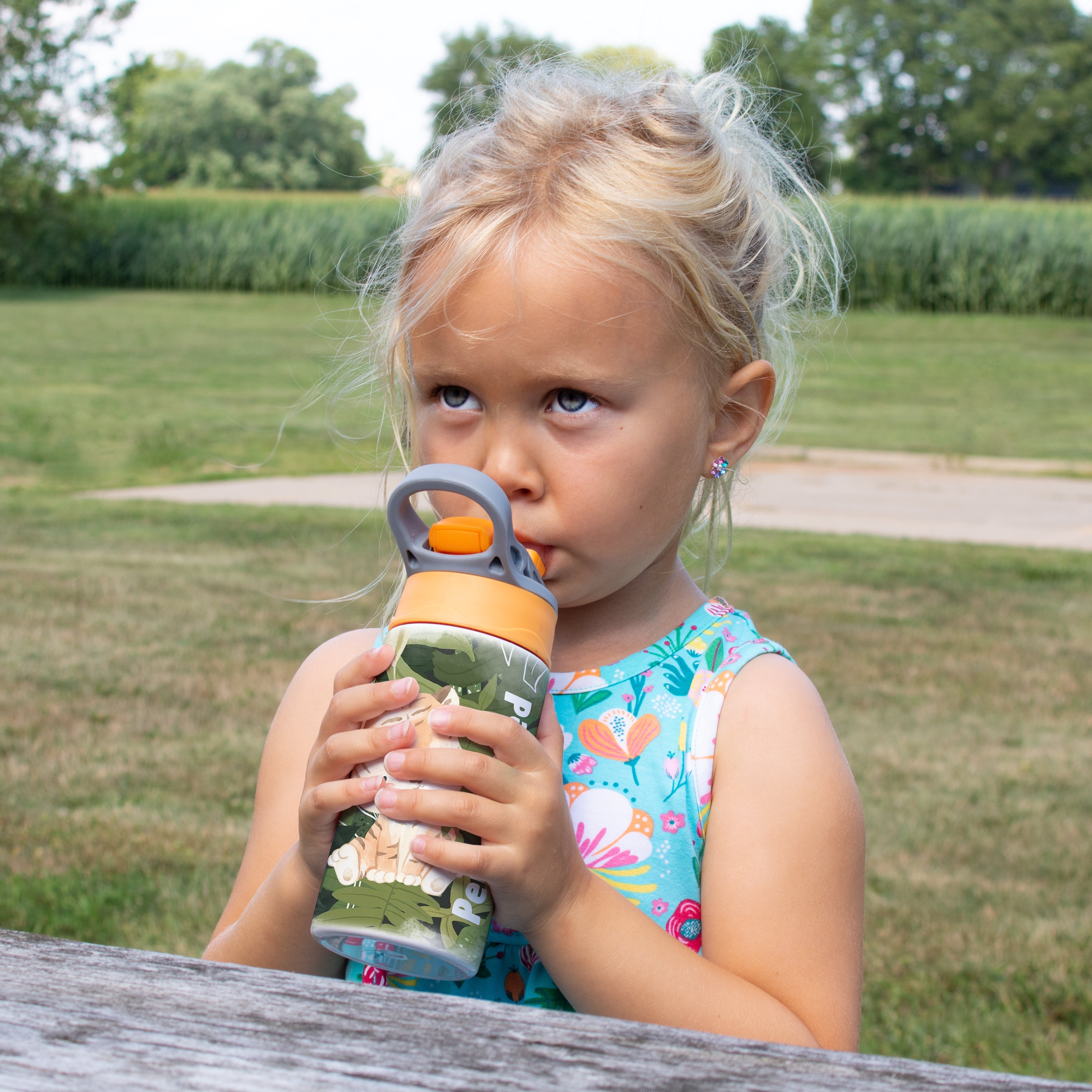 Trend Setters Original (Tiger Jungle - Personalize with Name) 12 oz Stainless Steel Water Bottle with Orange and Grey Lid
