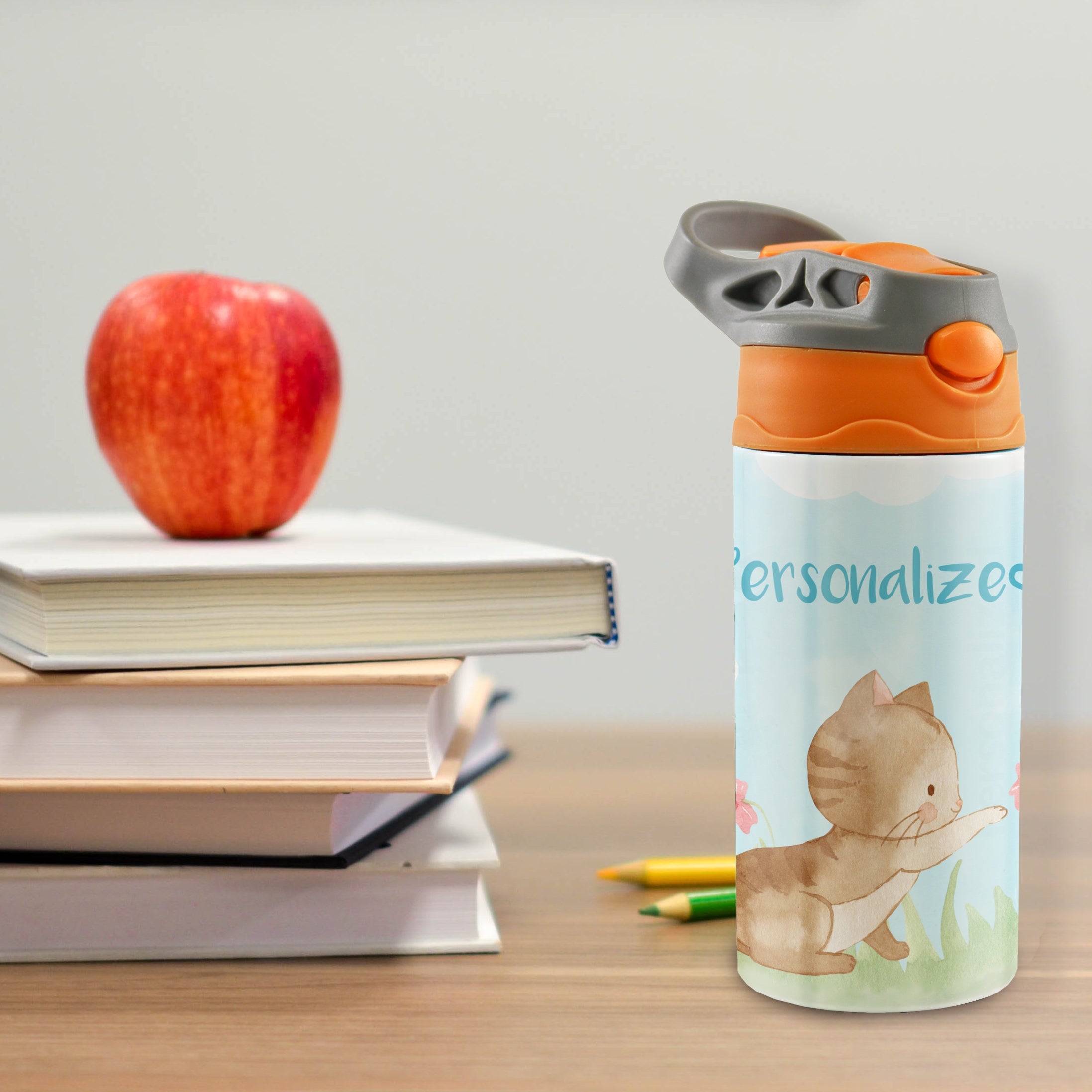 Trend Setters Original (Kitty Cat - Personalize with Name) 12 oz Stainless Steel Water Bottle with Orange and Grey Lid
