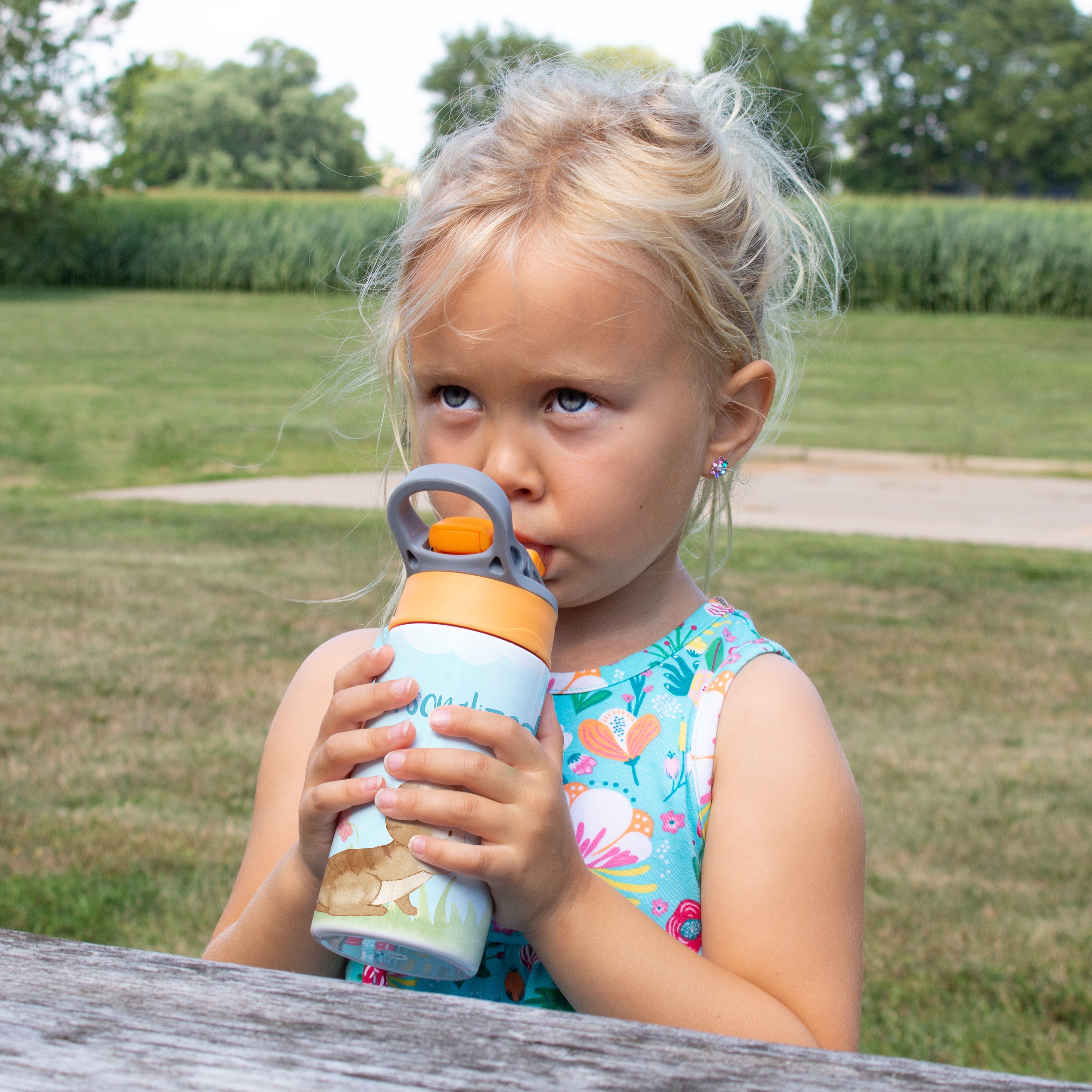 Trend Setters Original (Kitty Cat - Personalize with Name) 12 oz Stainless Steel Water Bottle with Orange and Grey Lid