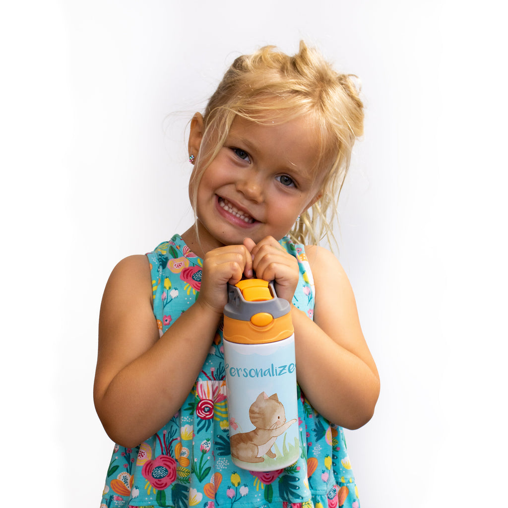 Trend Setters Original (Kitty Cat - Personalize with Name) 12 oz Stainless Steel Water Bottle with Orange and Grey Lid