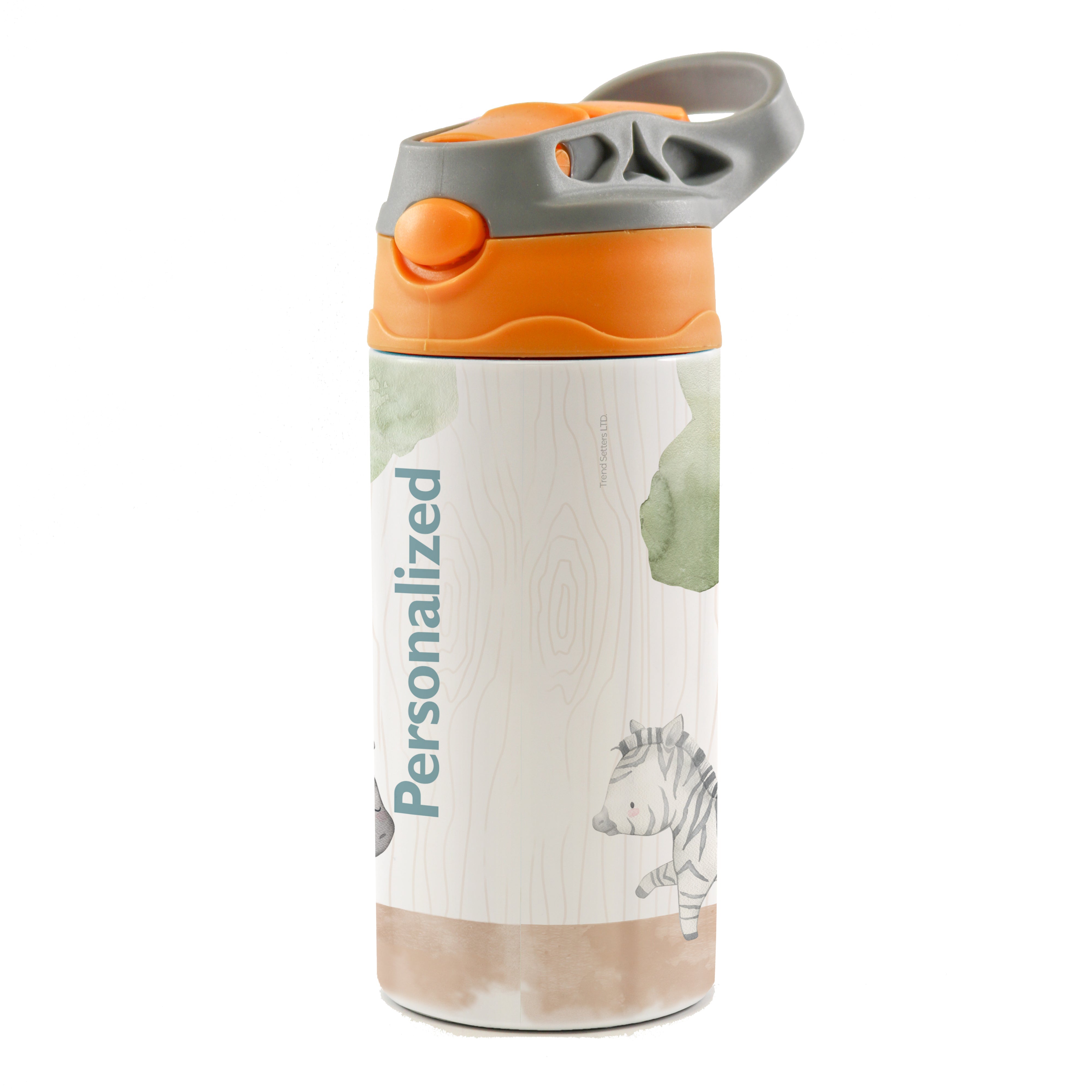 Trend Setters Original (Safari Animals - Personalize with Name) 12 oz Stainless Steel Water Bottle with Orange and Grey Lid