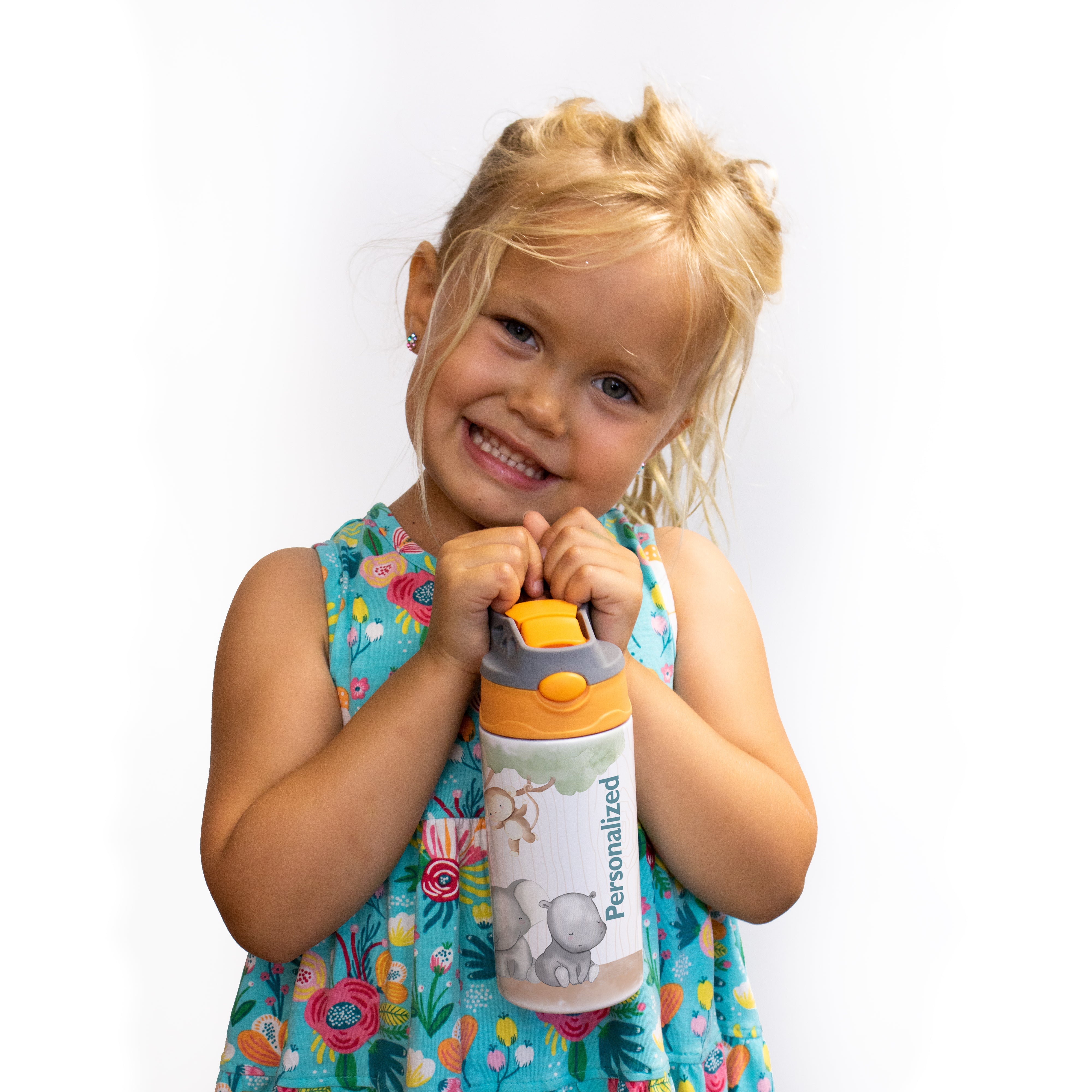 Trend Setters Original (Safari Animals - Personalize with Name) 12 oz Stainless Steel Water Bottle with Orange and Grey Lid