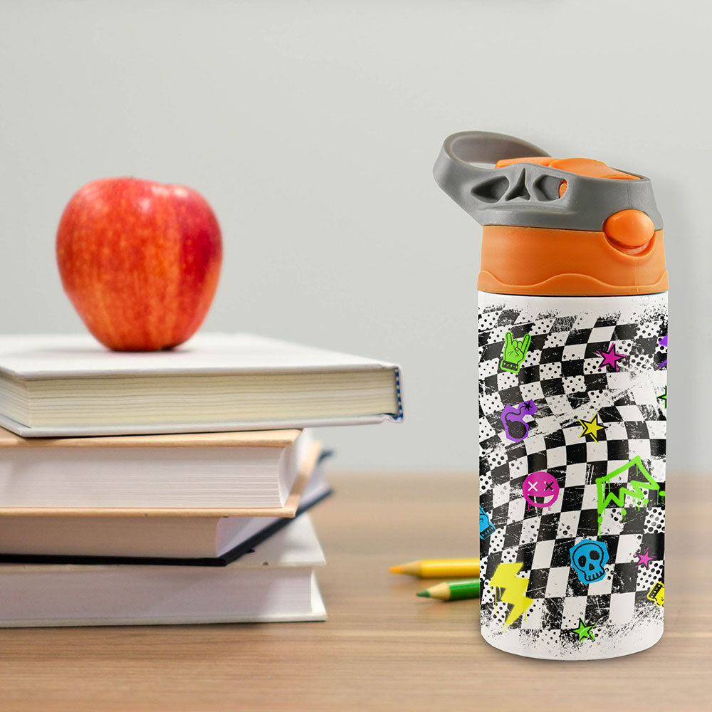 Trend Setters Original (Punk Checkerboard) 12 oz Stainless Steel Water Bottle with Orange and Grey Lid SSKIDOG0028