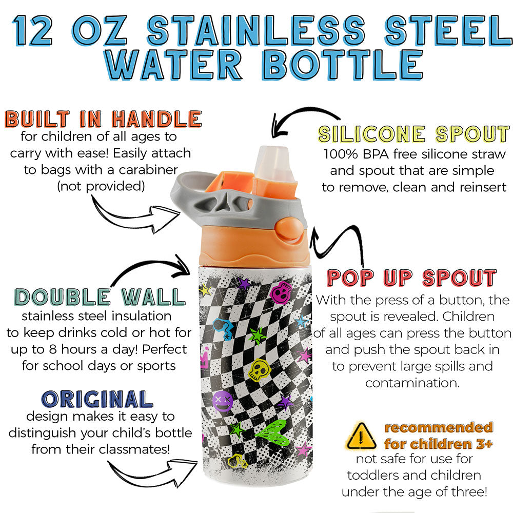 Trend Setters Original (Punk Checkerboard) 12 oz Stainless Steel Water Bottle with Orange and Grey Lid SSKIDOG0028
