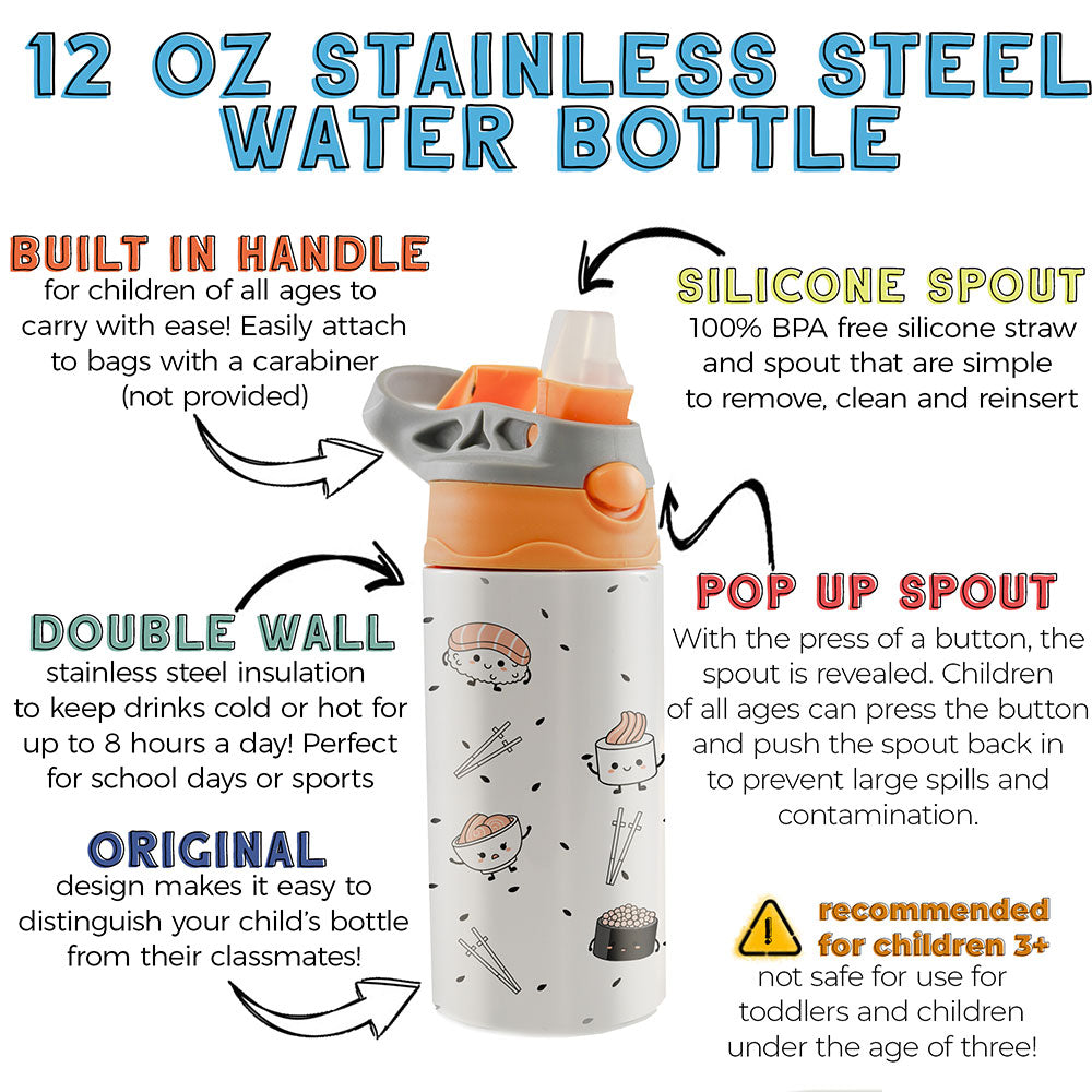 Trend Setters Original (Sushi) 12 oz Stainless Steel Water Bottle with Orange and Grey Lid SSKIDOG0031