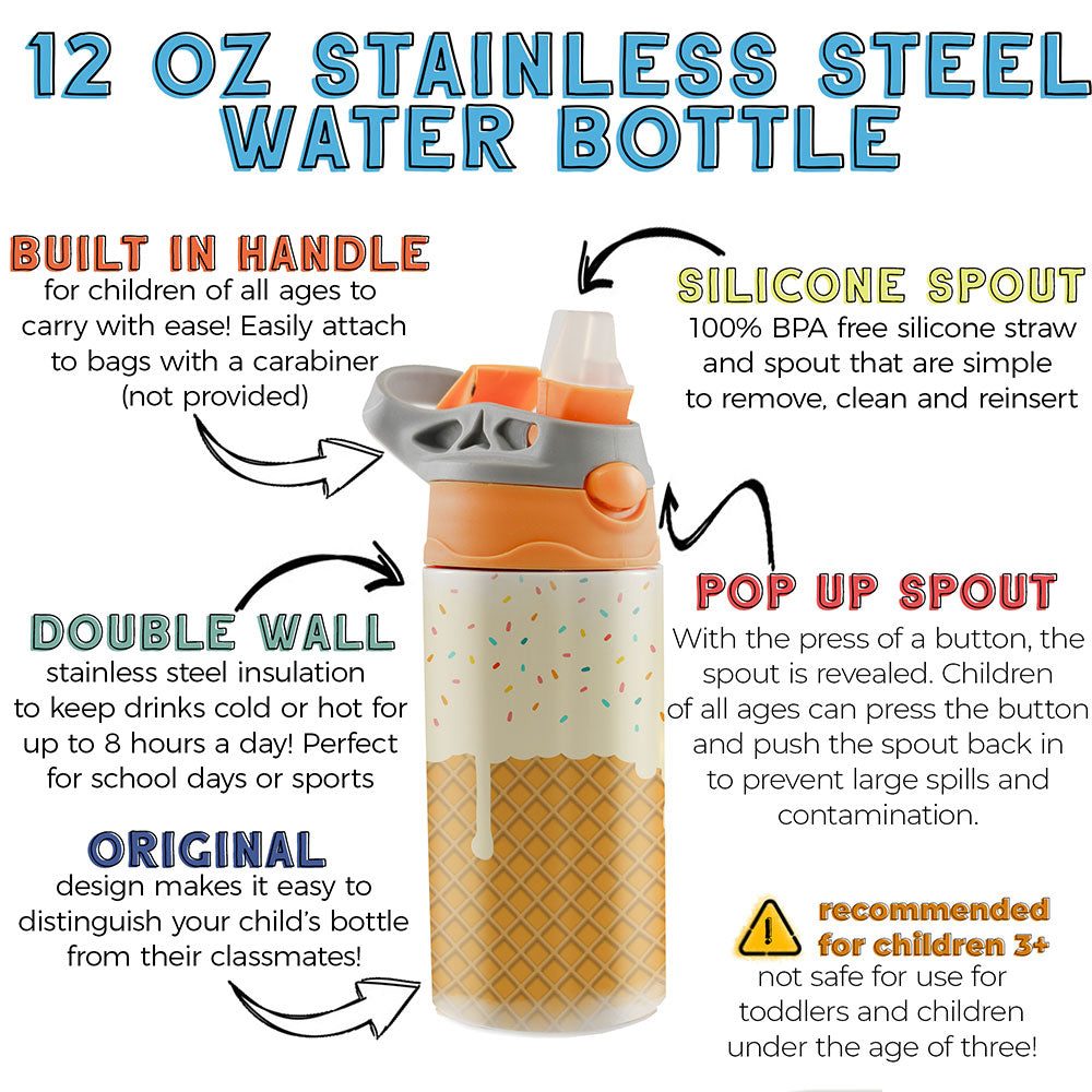 Trend Setters Original (Ice Cream Cone) 12 oz Stainless Steel Water Bottle with Orange and Grey Lid SSKIDOG0035