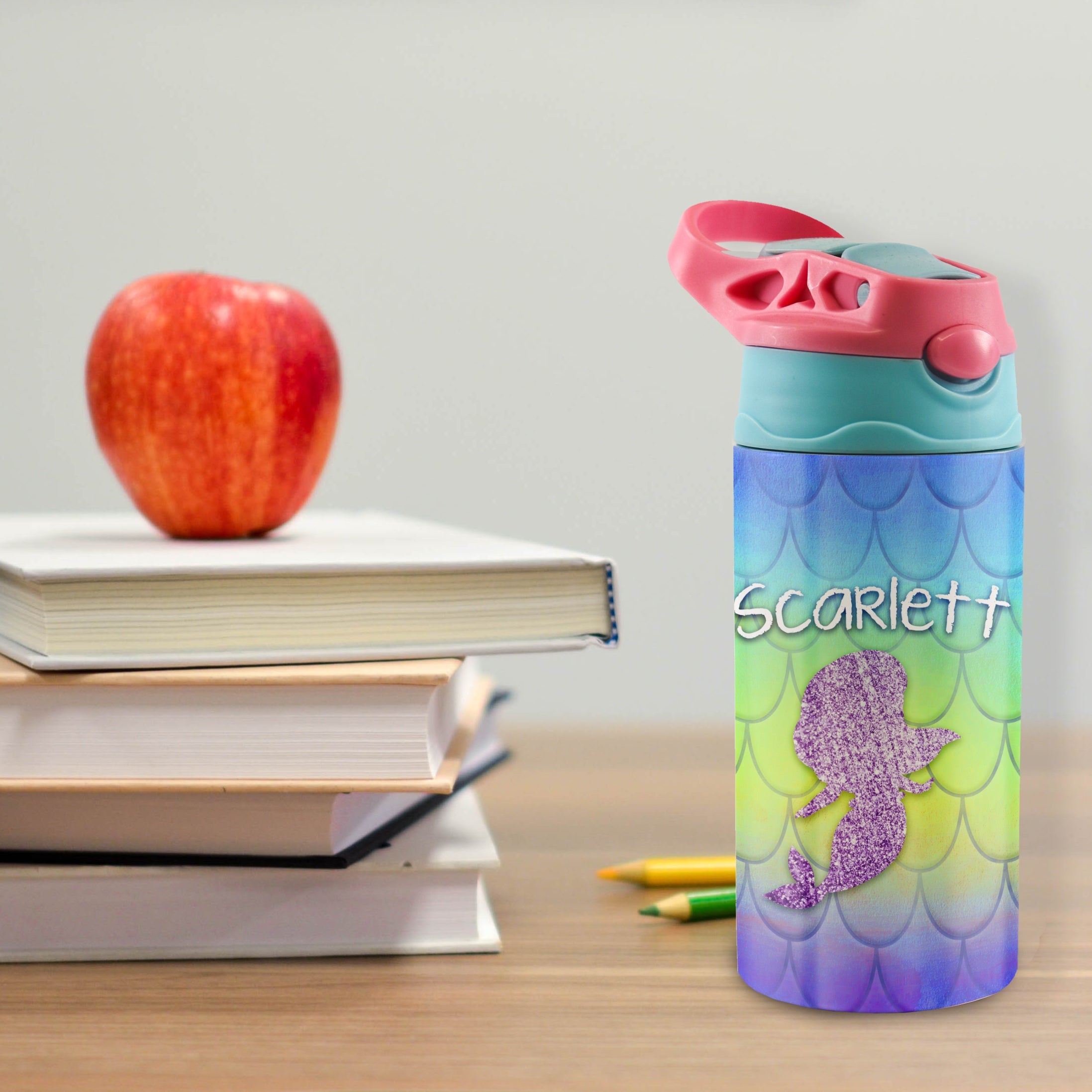Trend Setters Original (Mermaid Scales - Personalize with Name) 12 oz Stainless Steel Water Bottle with Pink and Blue Lid