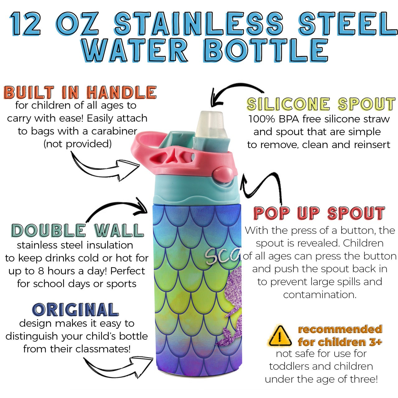 Trend Setters Original (Mermaid Scales - Personalize with Name) 12 oz Stainless Steel Water Bottle with Pink and Blue Lid