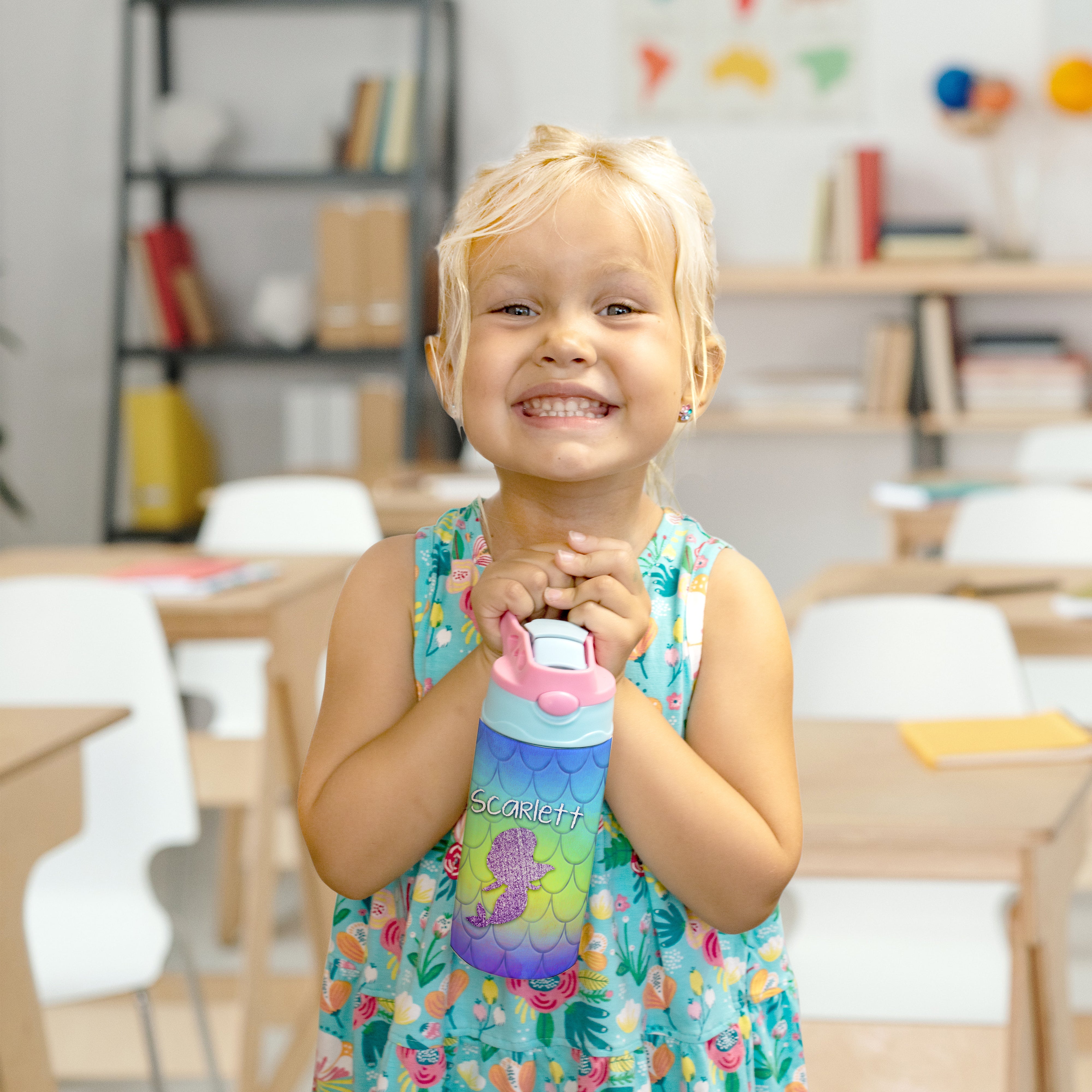 Trend Setters Original (Mermaid Scales - Personalize with Name) 12 oz Stainless Steel Water Bottle with Pink and Blue Lid