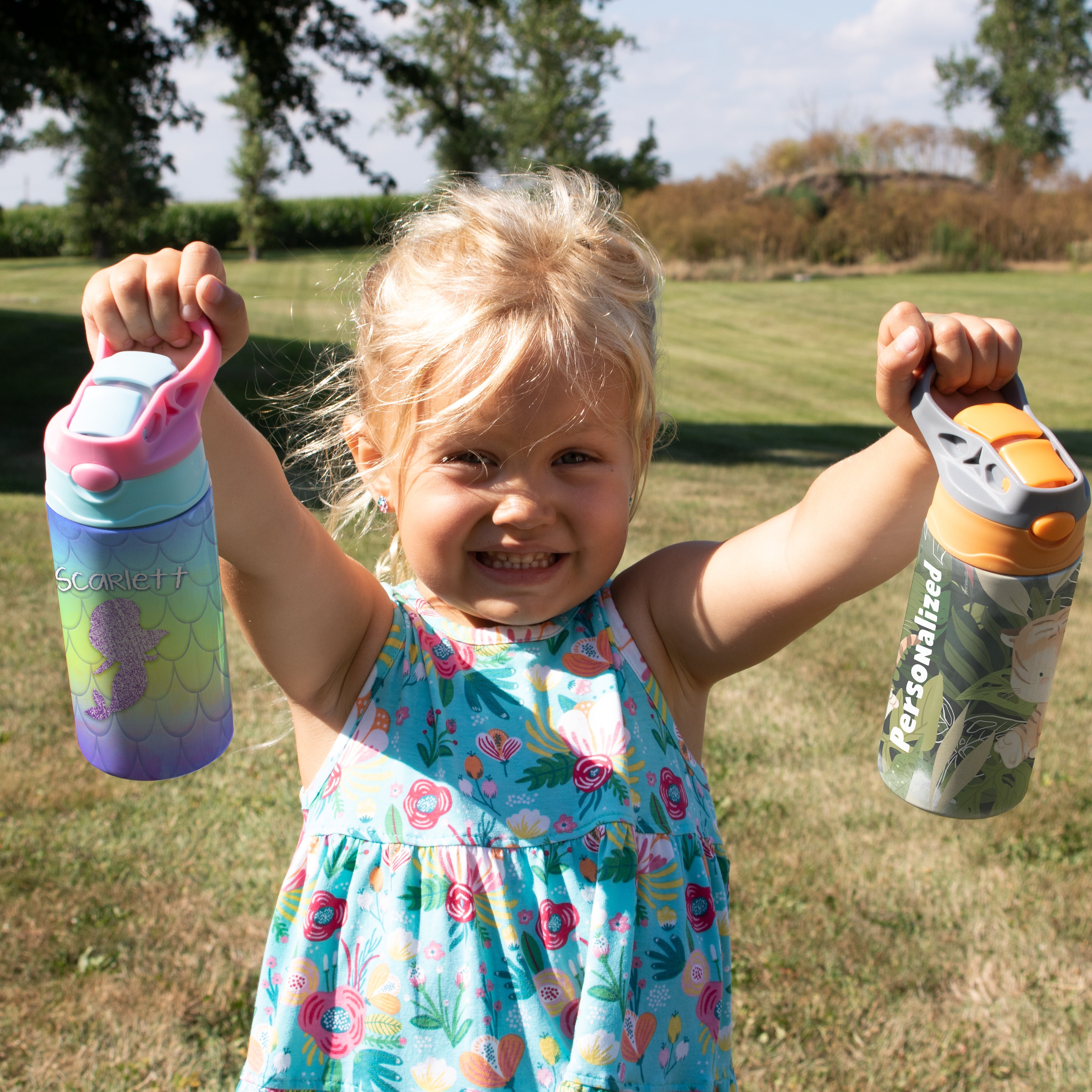 Trend Setters Original (Mermaid Scales - Personalize with Name) 12 oz Stainless Steel Water Bottle with Pink and Blue Lid