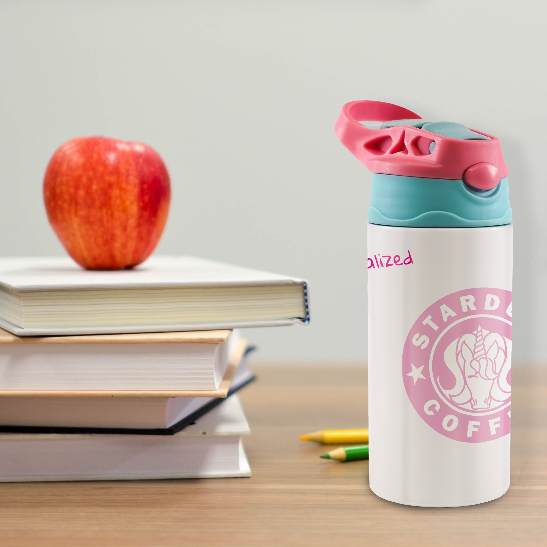 Kids Collection (Stardust Coffee - Personalized) 12 oz Stainless Steel Water Bottle with Pink and Blue Lid