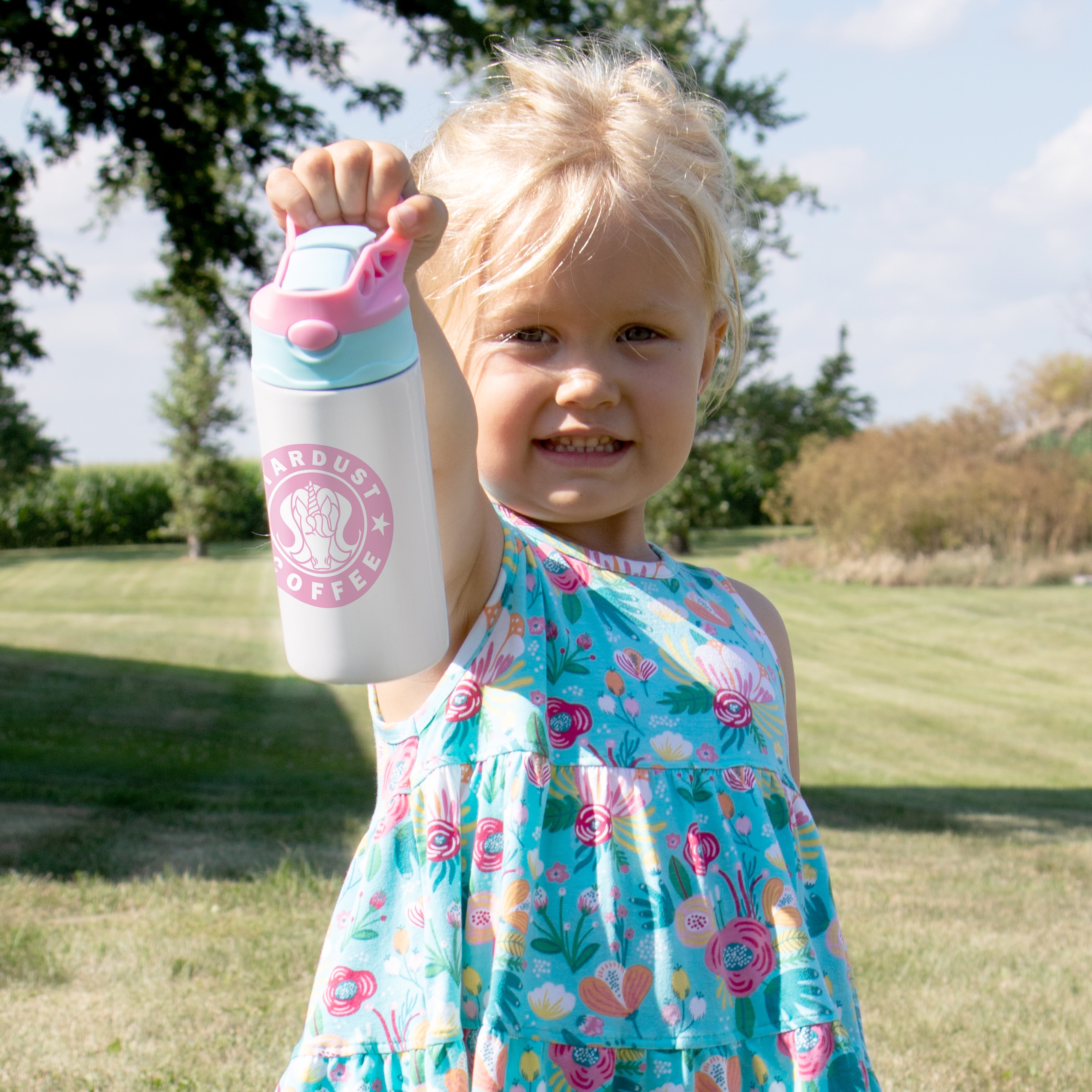 Kids Collection (Stardust Coffee - Personalized) 12 oz Stainless Steel Water Bottle with Pink and Blue Lid