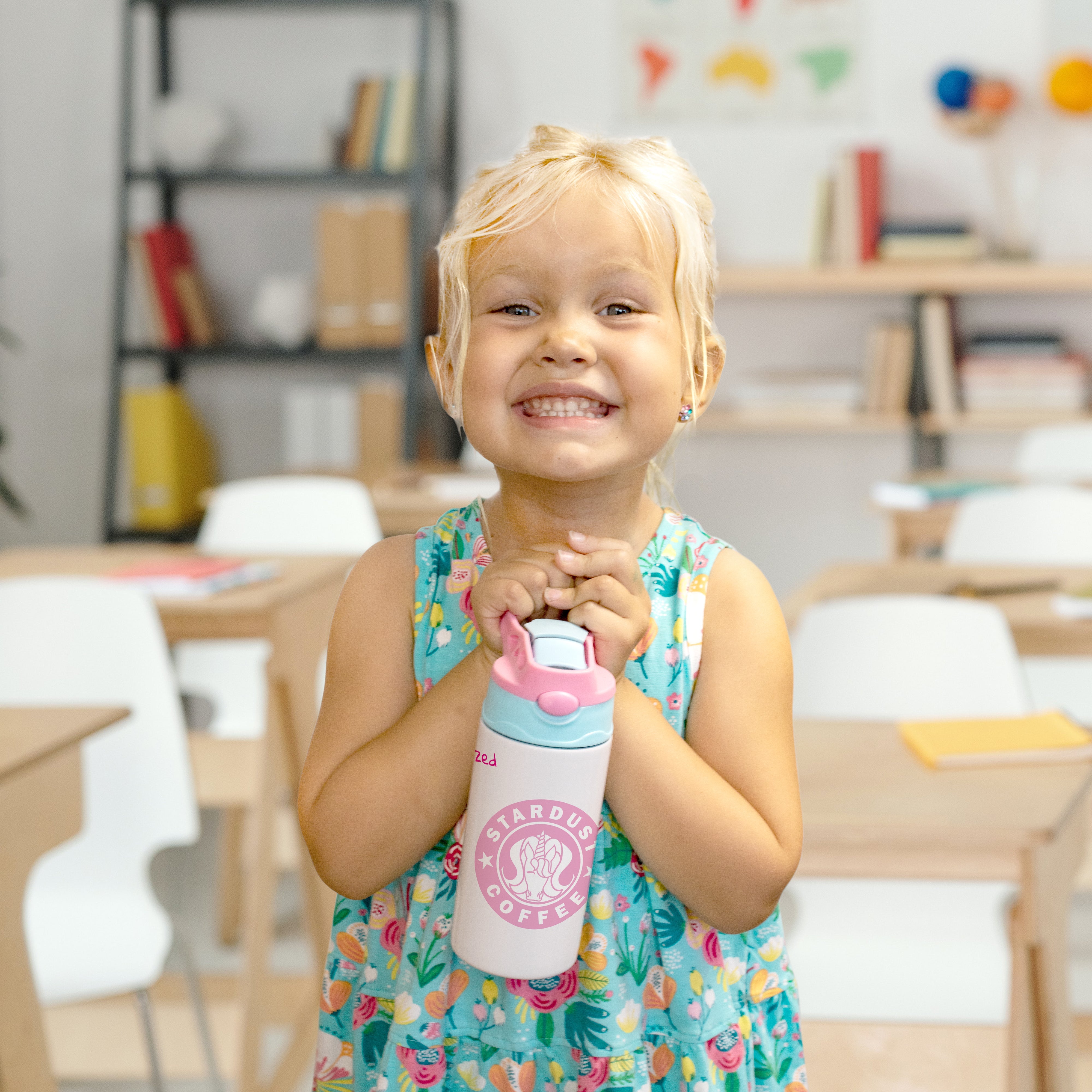 Kids Collection (Stardust Coffee - Personalized) 12 oz Stainless Steel Water Bottle with Pink and Blue Lid