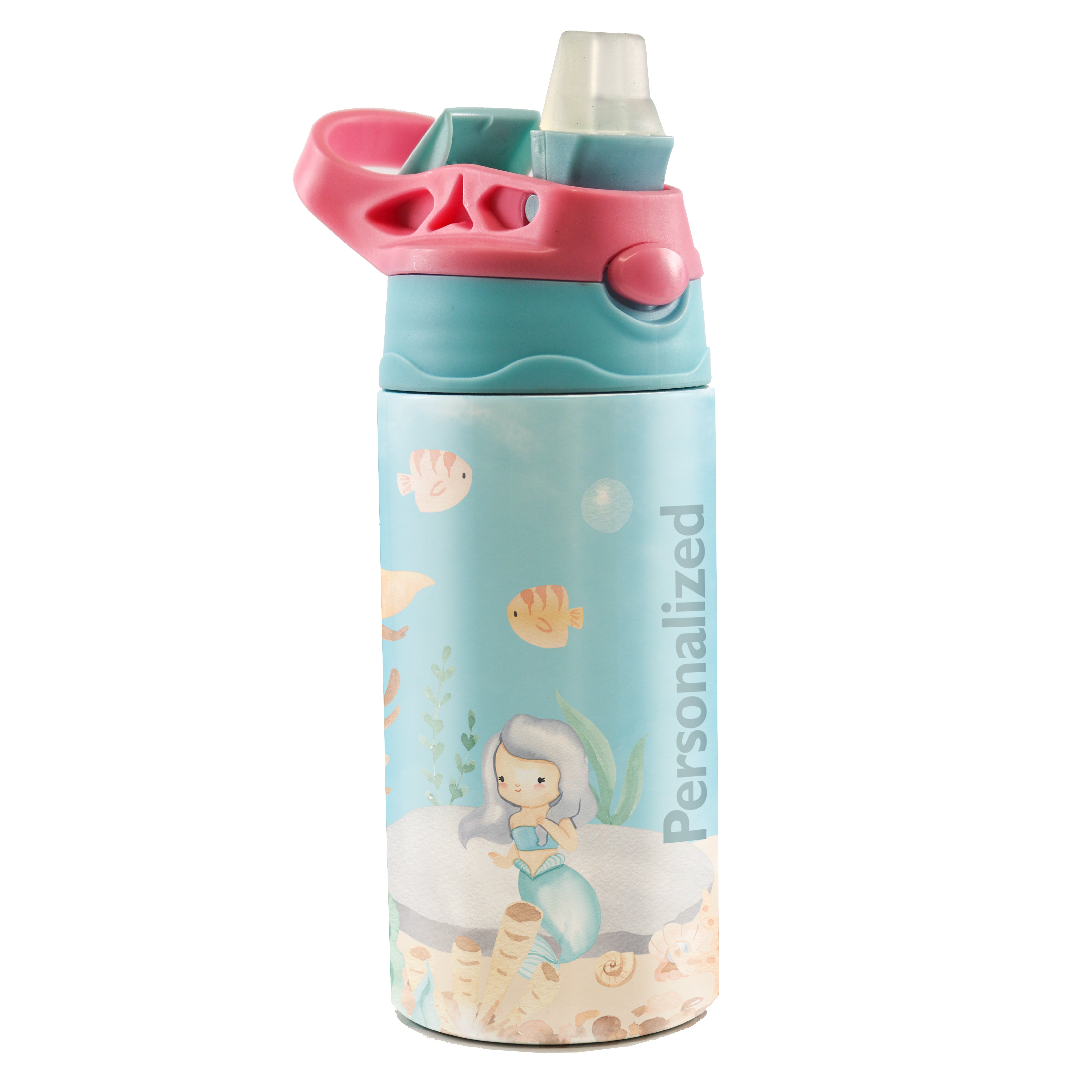 Trend Setters Original (Mermaids - Personalize with Name) 12 oz Stainless Steel Water Bottle with Pink and Blue Lid