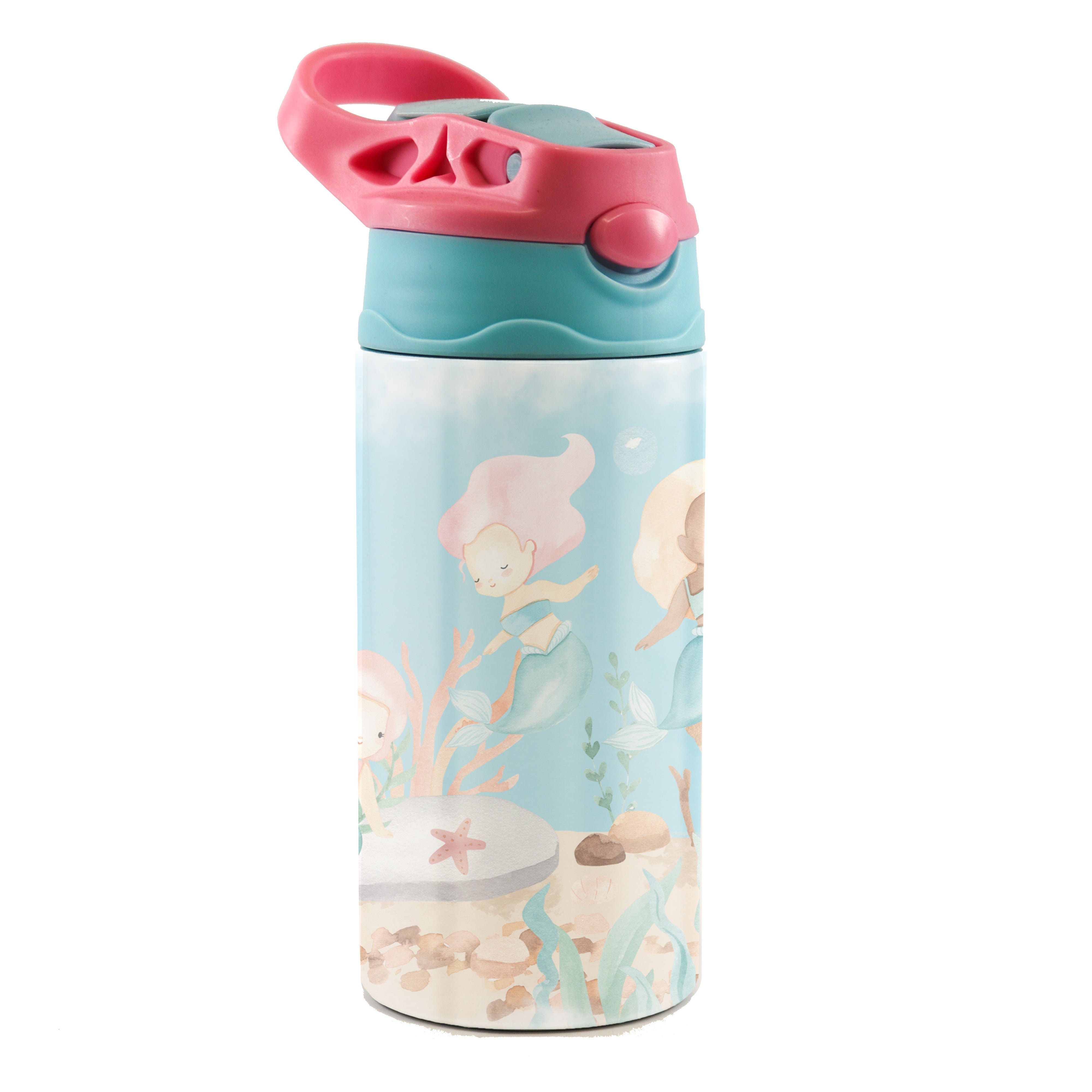 Trend Setters Original (Mermaids - Personalize with Name) 12 oz Stainless Steel Water Bottle with Pink and Blue Lid