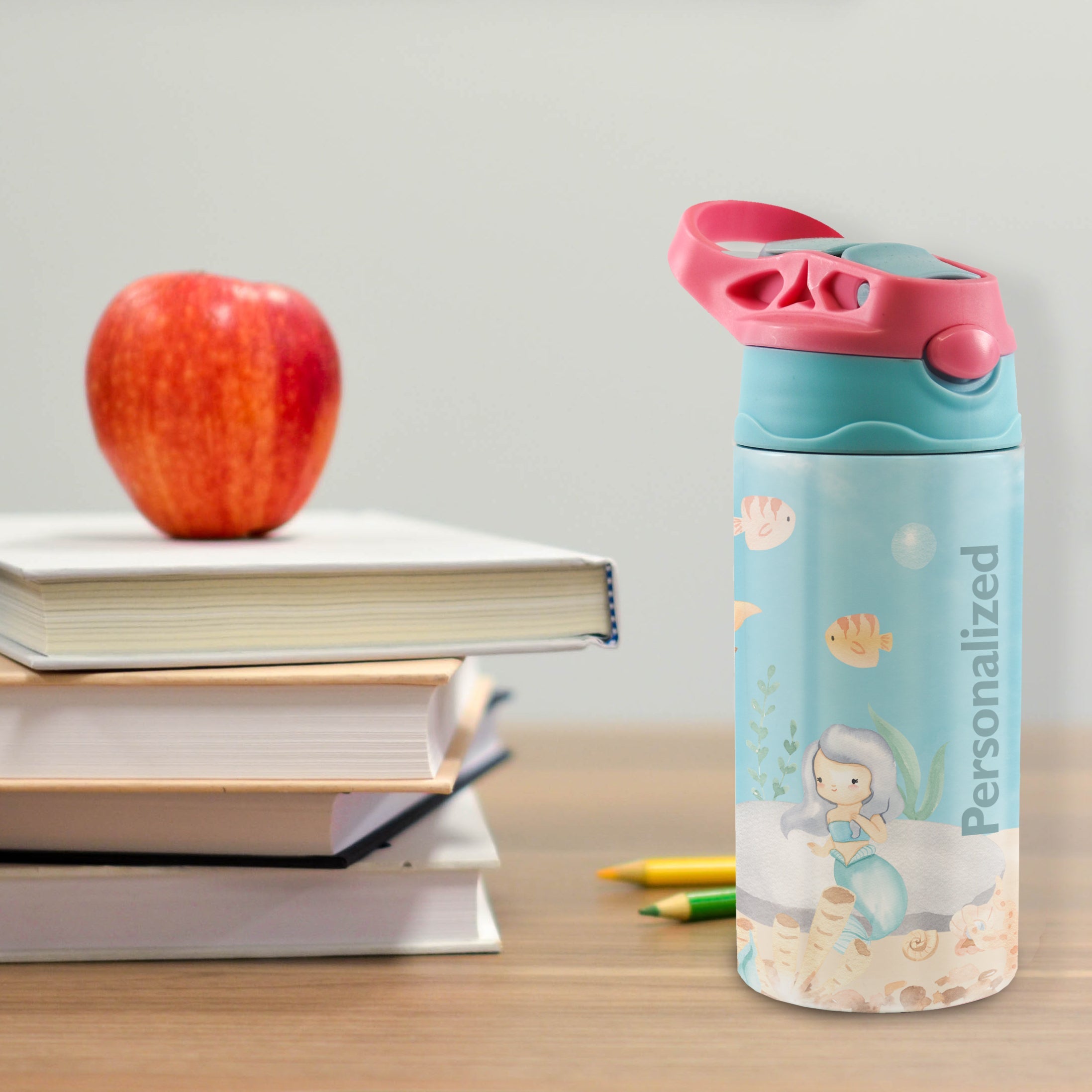 Trend Setters Original (Mermaids - Personalize with Name) 12 oz Stainless Steel Water Bottle with Pink and Blue Lid