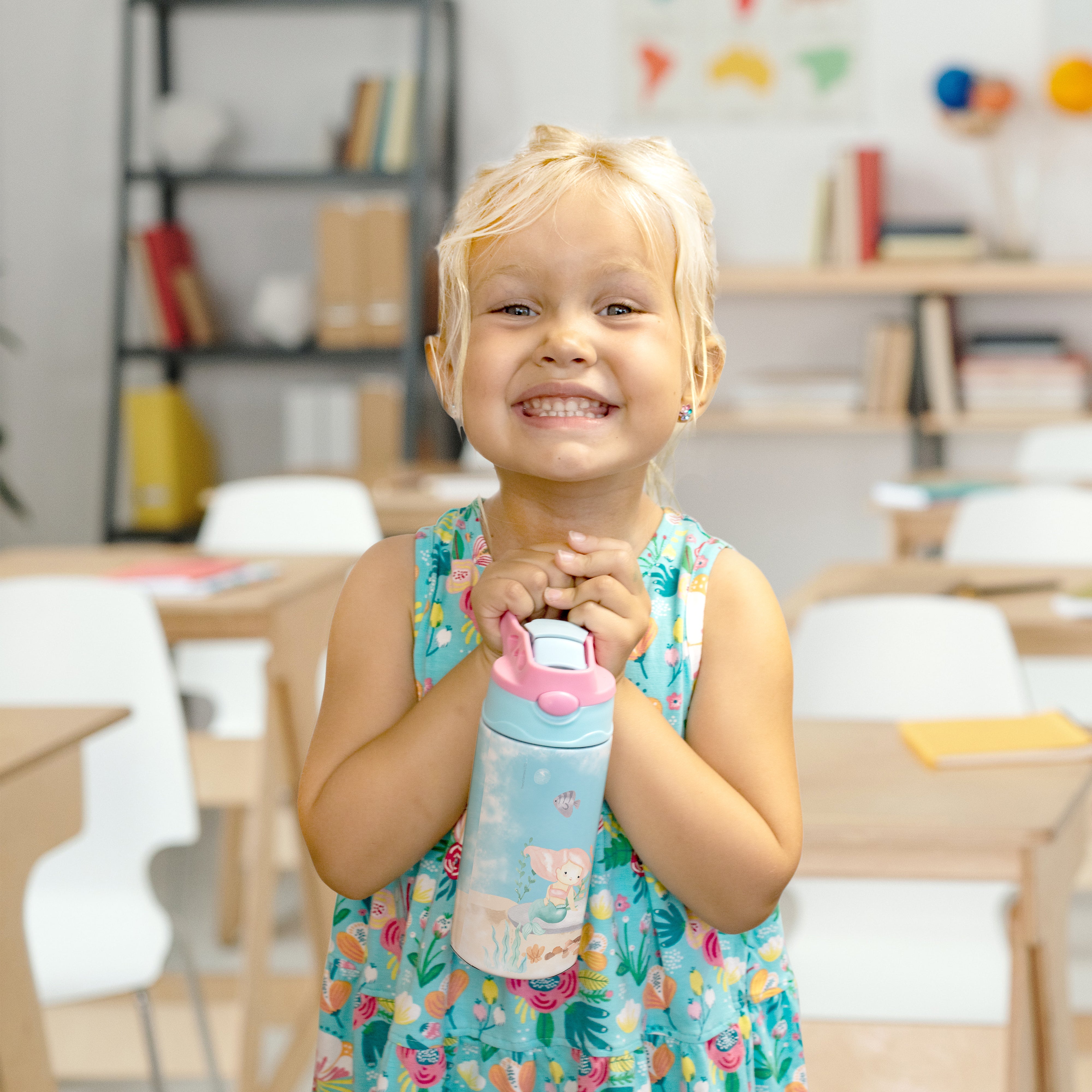 Trend Setters Original (Mermaids - Personalize with Name) 12 oz Stainless Steel Water Bottle with Pink and Blue Lid
