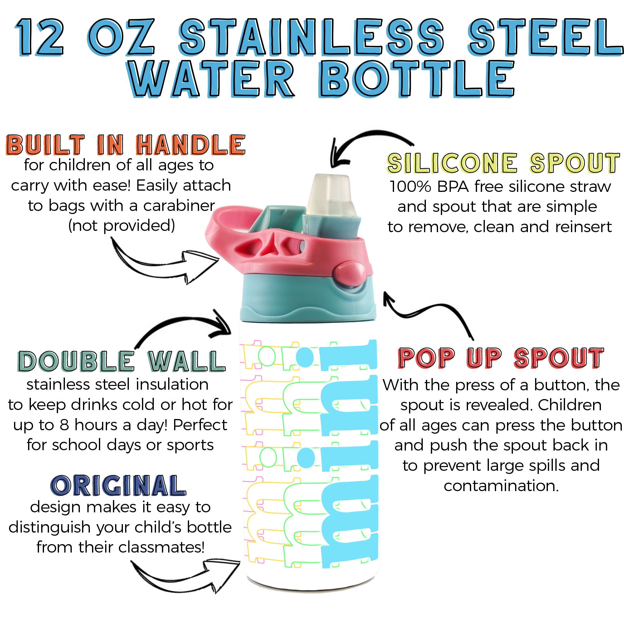 Mini and Me Collection (Mini) Kids 12oz Stainless Steel Water Bottle (Pink/Blue) SSKIDPB0012