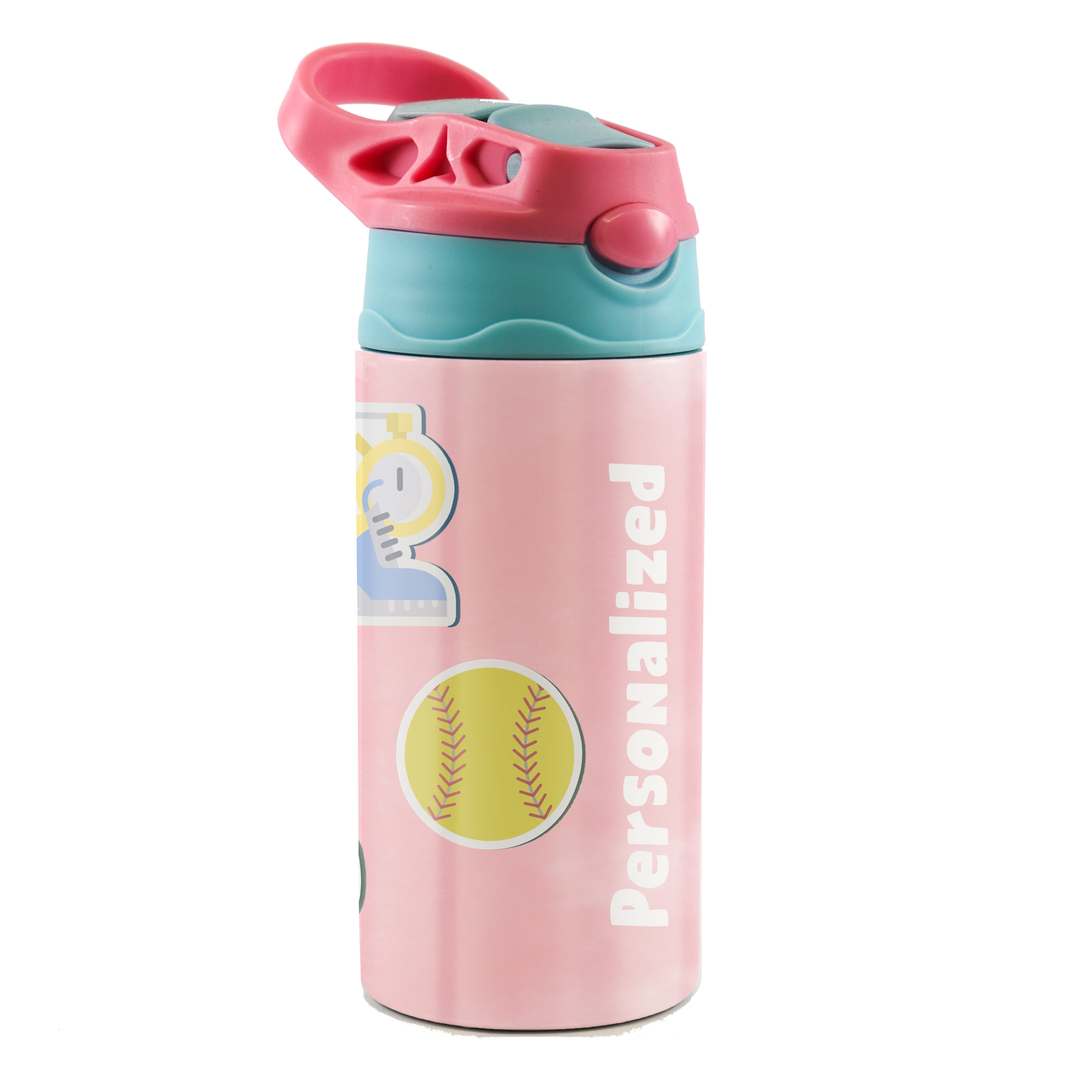 Sports Collection (Stickers - Personalize with Name) 12 oz Stainless Steel Water Bottle with Pink and Blue Lid