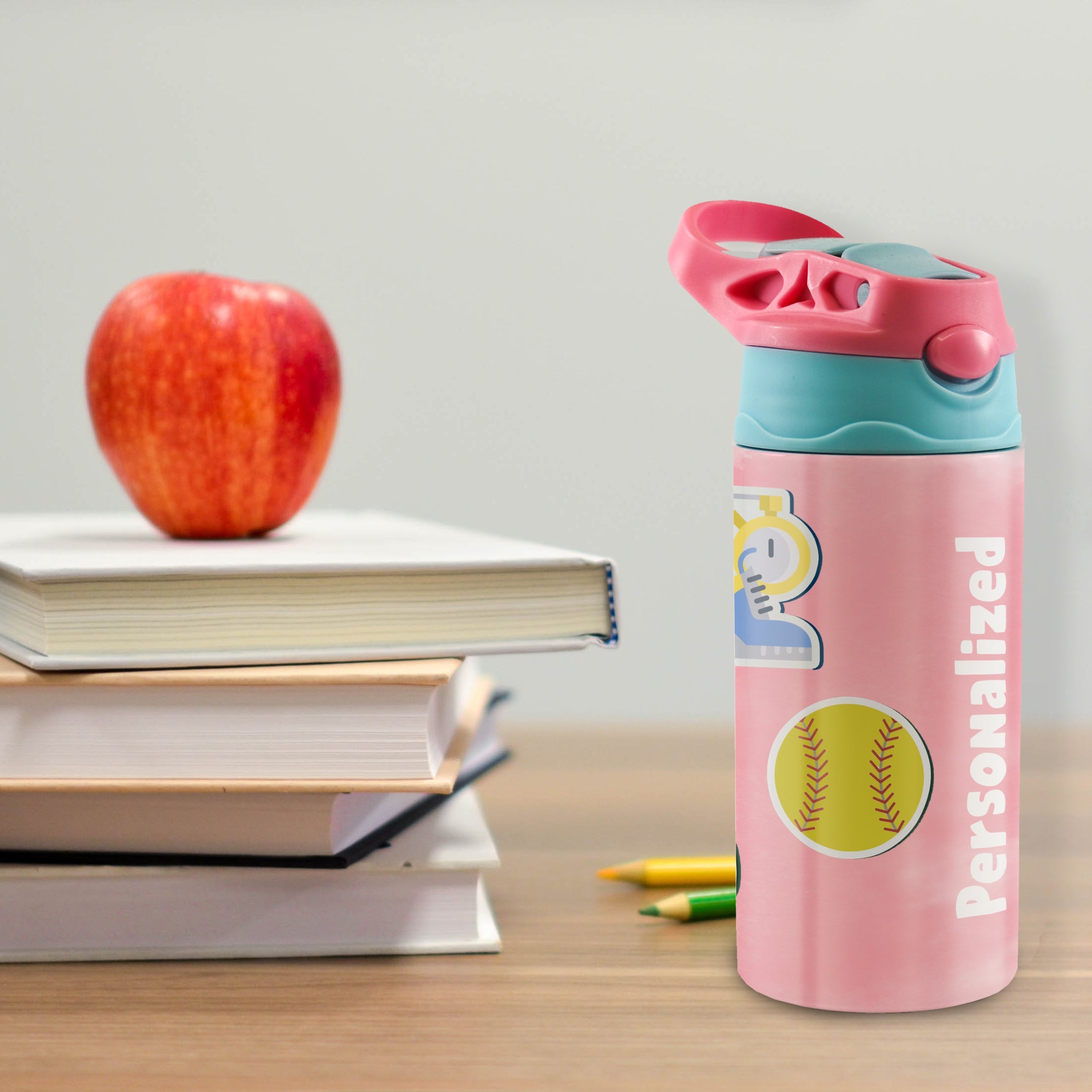 Sports Collection (Stickers - Personalize with Name) 12 oz Stainless Steel Water Bottle with Pink and Blue Lid