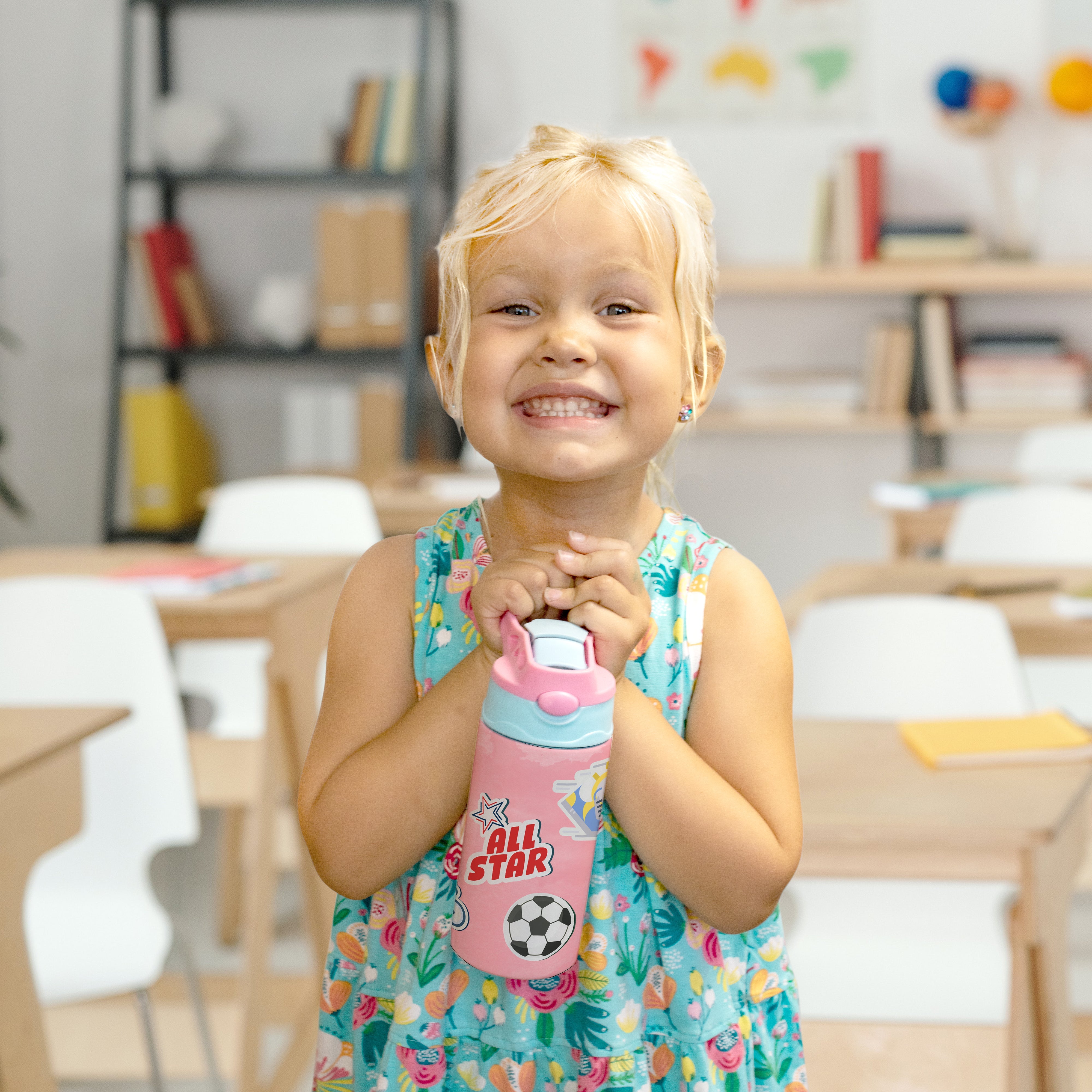 Sports Collection (Stickers - Personalize with Name) 12 oz Stainless Steel Water Bottle with Pink and Blue Lid