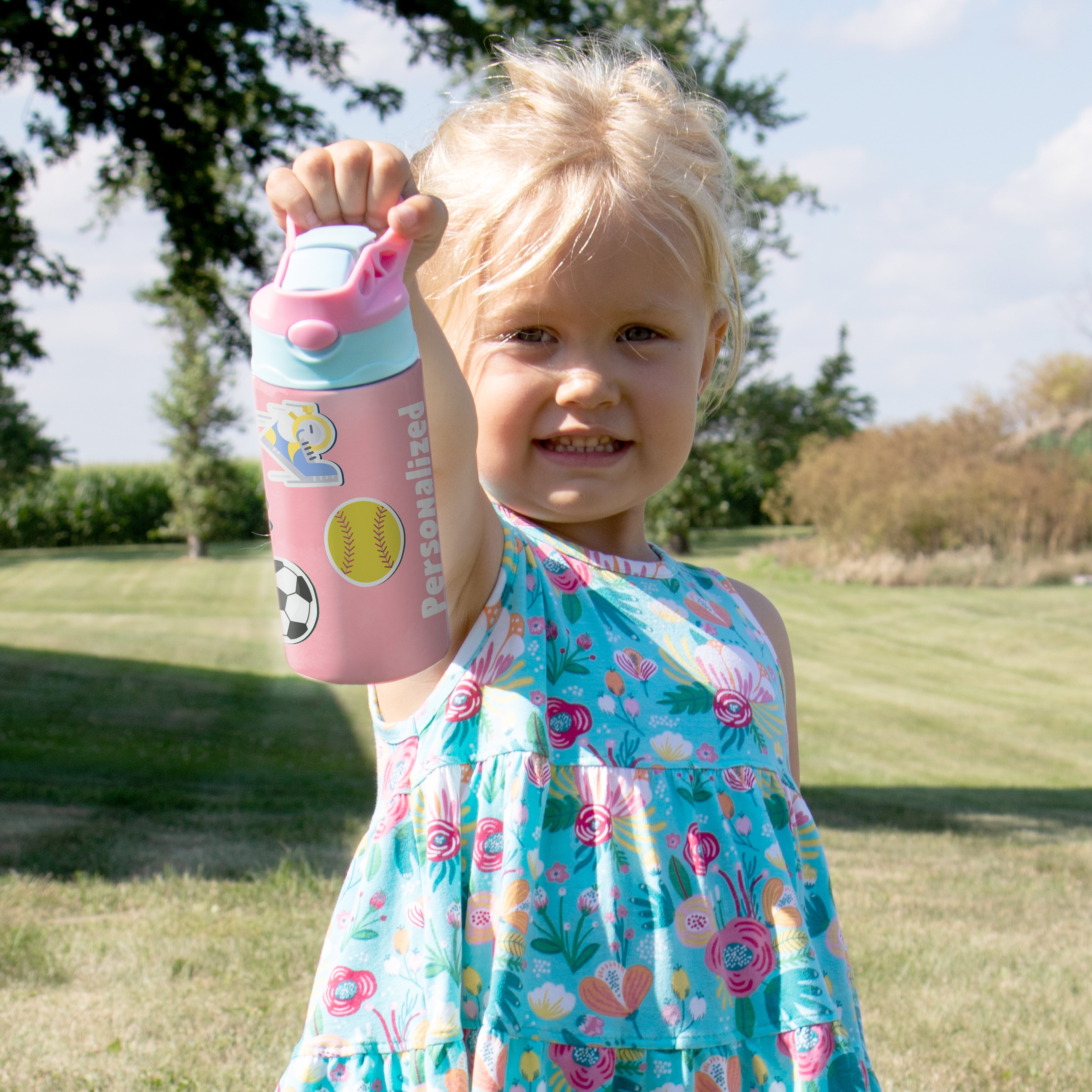 Sports Collection (Stickers - Personalize with Name) 12 oz Stainless Steel Water Bottle with Pink and Blue Lid