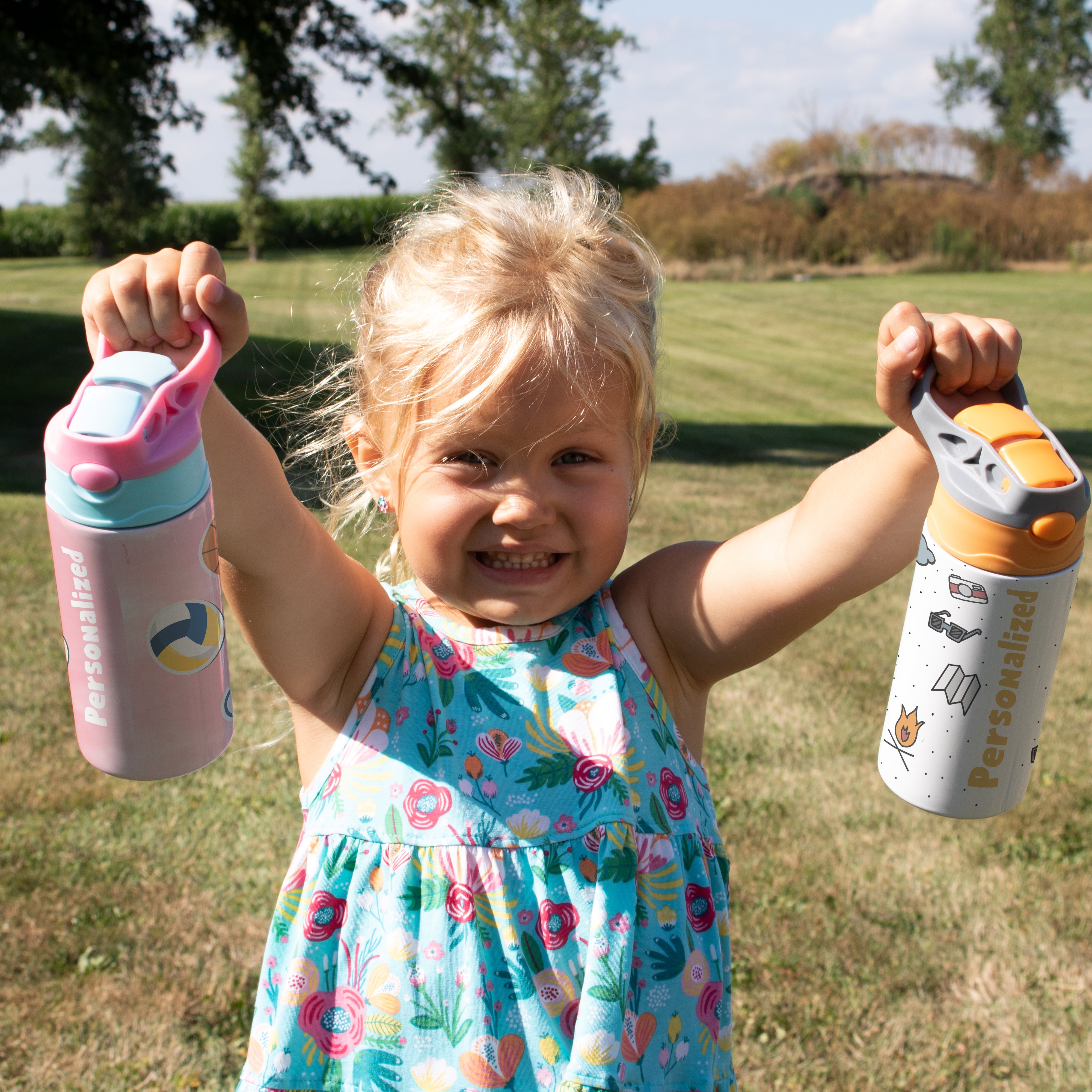 Sports Collection (Stickers - Personalize with Name) 12 oz Stainless Steel Water Bottle with Pink and Blue Lid