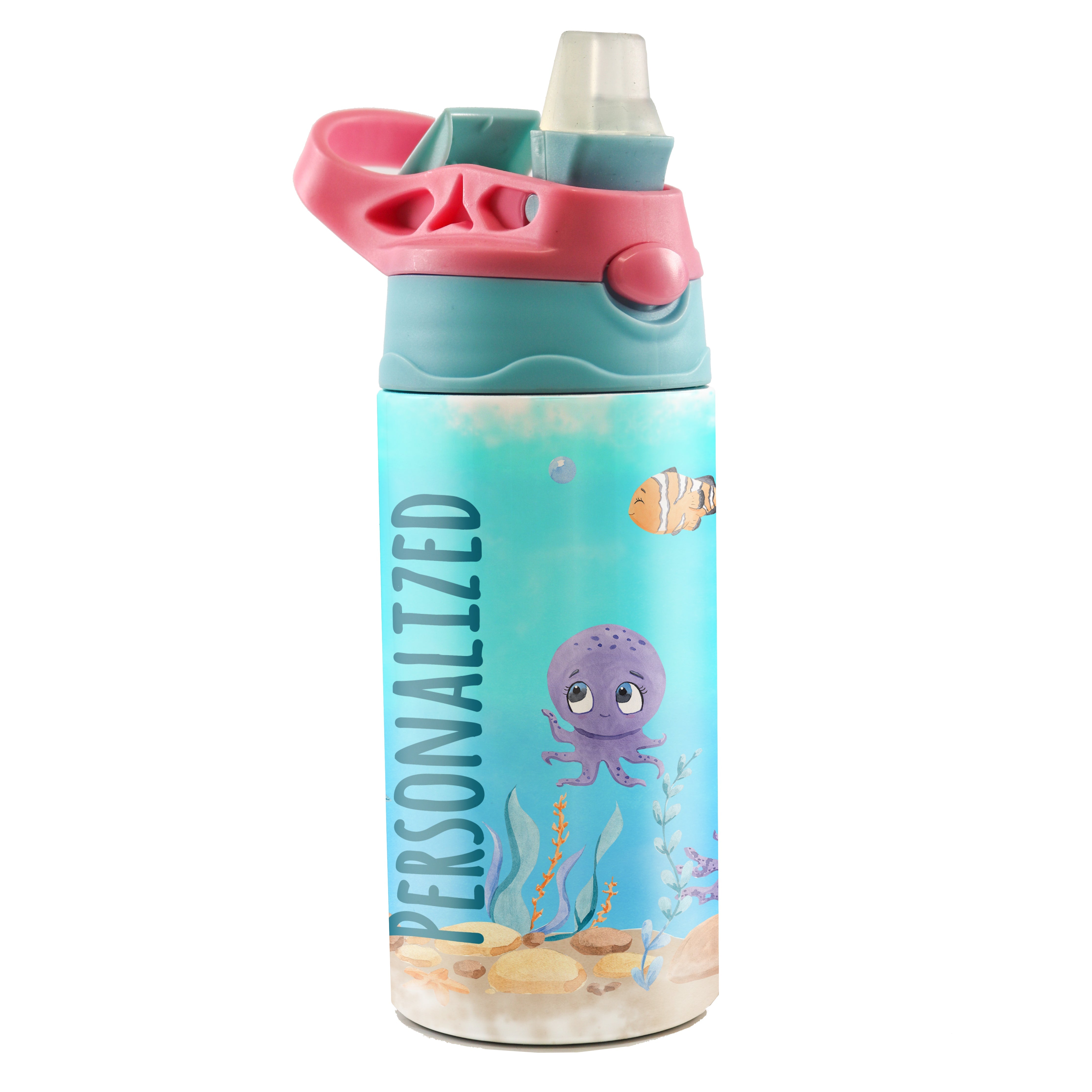 Trend Setters Original (Sea Life - Personalize with Name) 12 oz Stainless Steel Water Bottle with Pink and Blue Lid
